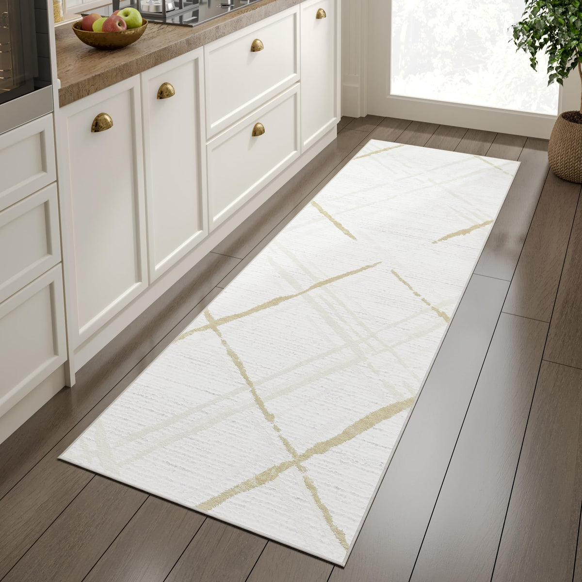 jinchan Kitchen Runner Rug 2x10 Modern Hallway Rug Washable Rug Abstract Non Slip Geometric Grid Accent Rug Beige Lines Soft Thi
