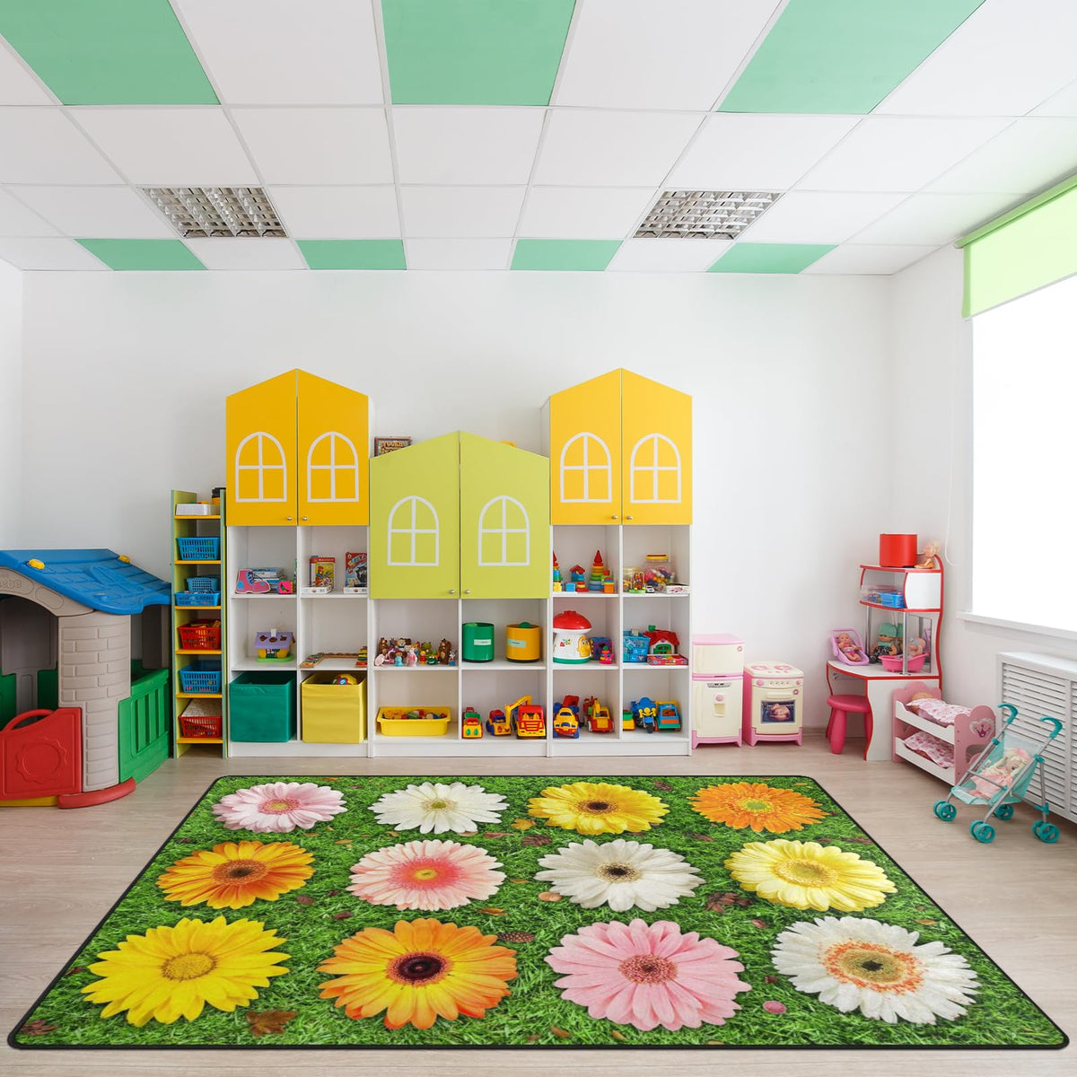 Classroom Carpets, Green Grass & Flowers Kids Playmat Rugs - 5X7 Ft Kids Carpet With Rubber Backing, Seats-12 Floral Classroom S