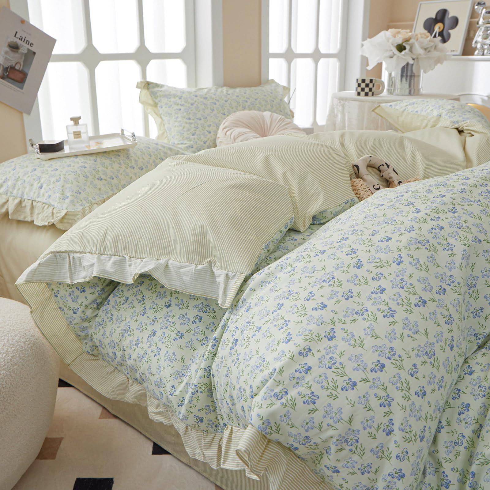 Eavd French Style Garden Floral Ruffled Comforter Set Full White Fluffy Soft Microfiber Chic Blue Floral Bedding Set With 2 Pill