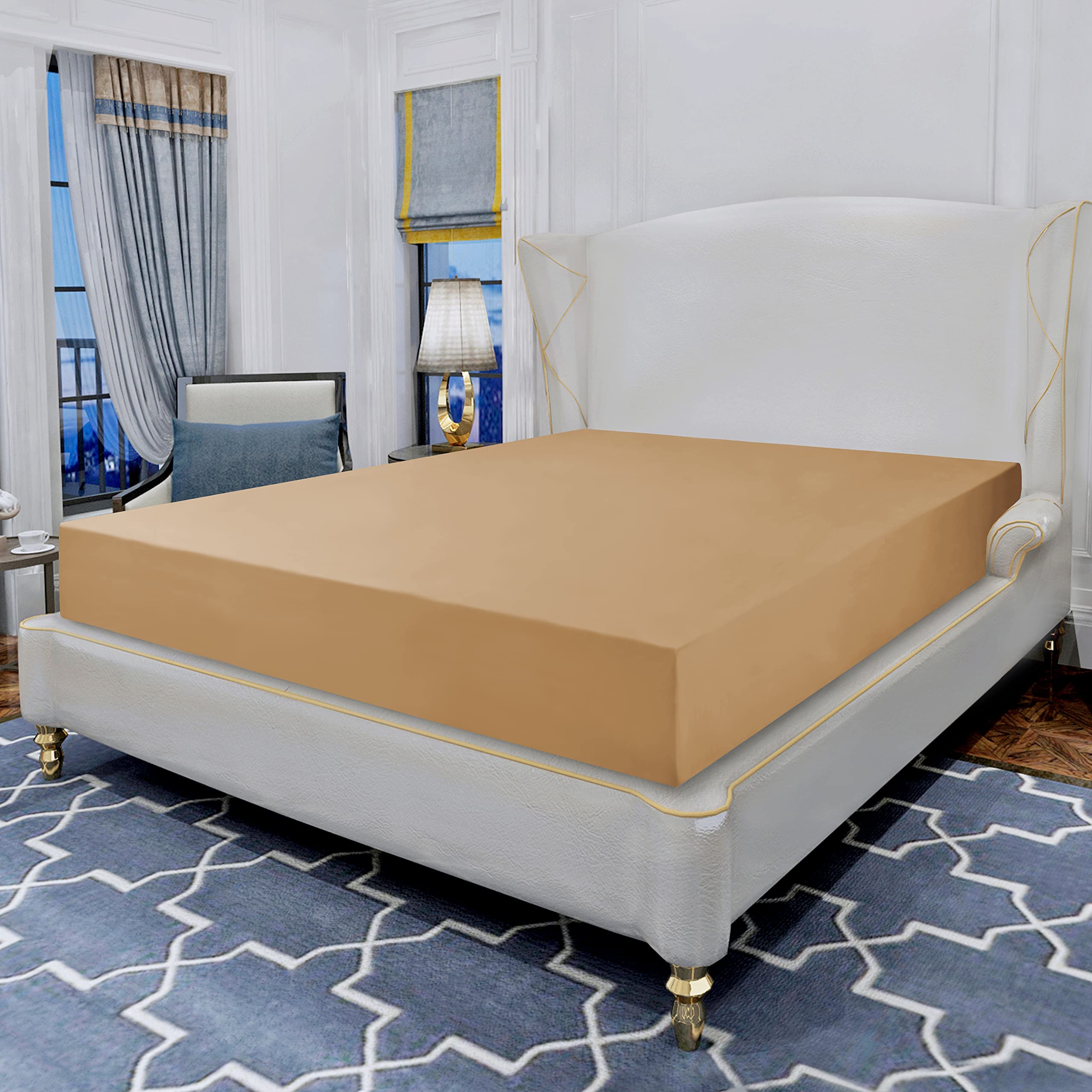 Elegant Comfort Luxurious Wrinkle Resistant 1500 Thread Count Egyptian Quality 1-Piece Fitted Sheet All Around Elastic -Deep Pocket- Ultra Soft Bottom Fitted Sheet, Full, Camel-Gold