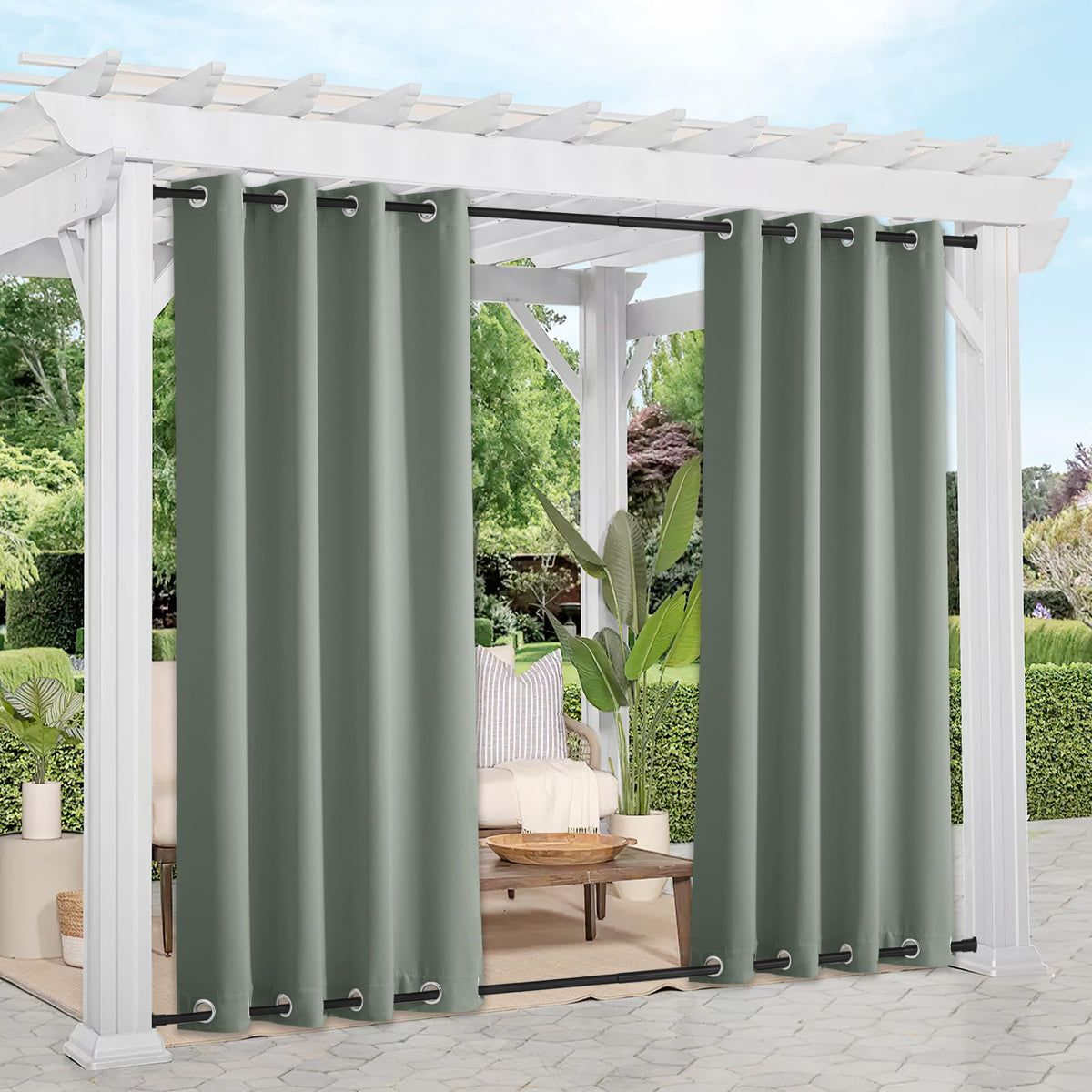 Nicetown 2 Panels Sage Green Outdoor Patio Curtains 108 Inches Long Waterproof & Windproof, Top And Bottom Rustproof Grommet Col