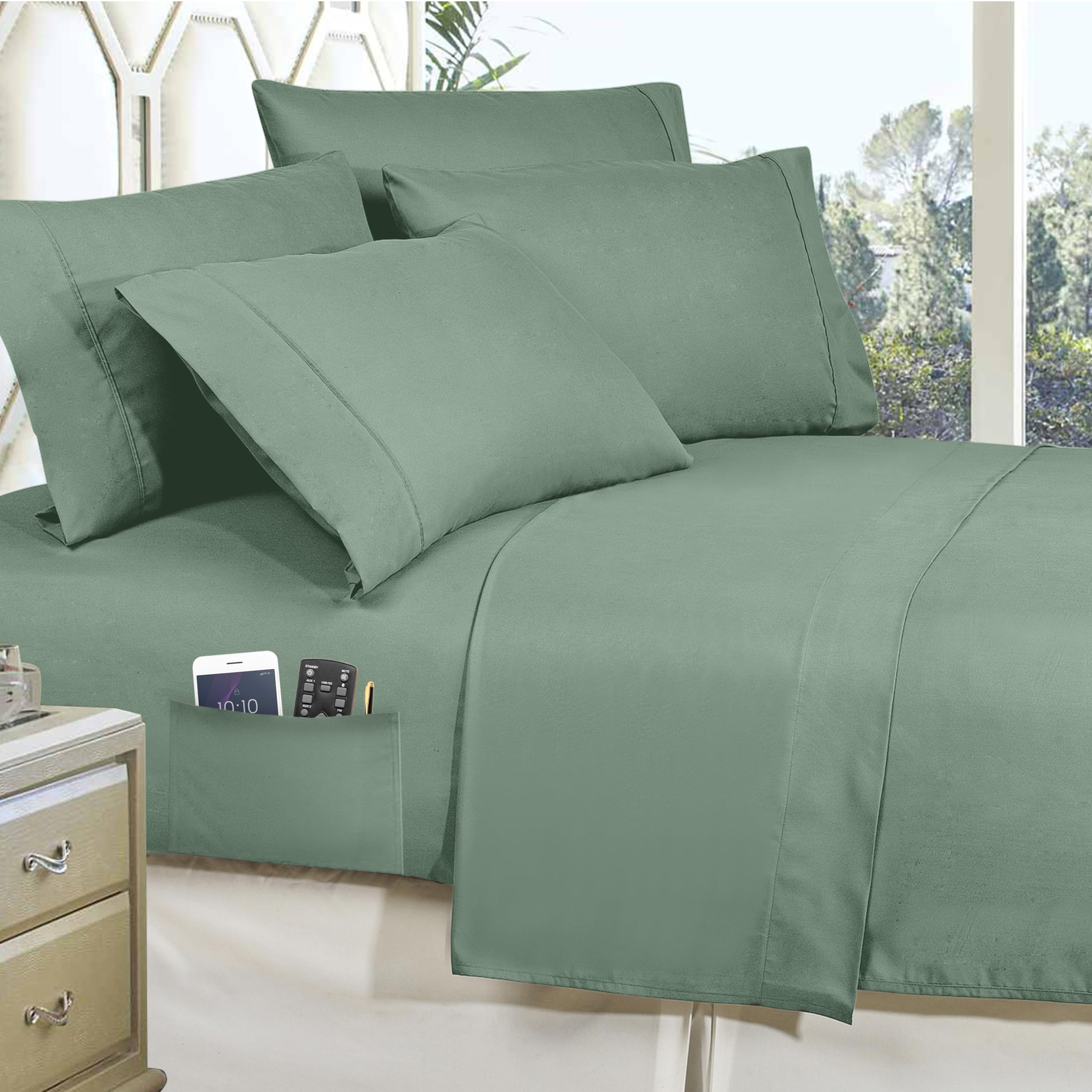 Elegant Comfort Luxury Softest, Coziest 8-Piece Bed-In-A-Bag Comforter Set - Silky Soft Complete Set Includes Bed Sheet Set With Double Sided Storage Pockets, Twin/Twin Xl, Smoke Green