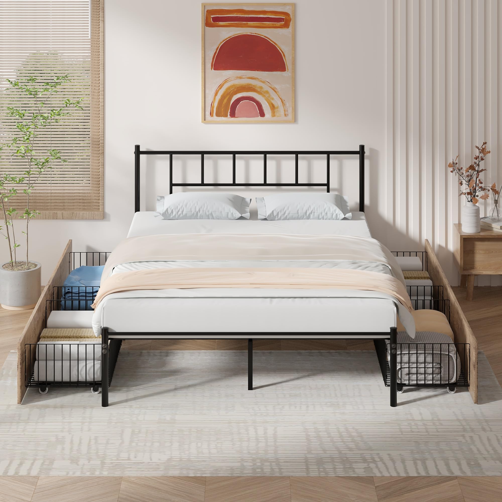 Vecelo Queen Size Metal Platform Bed Frame With Headboard & 4 Storage Drawers, Heavy Duty Steel Slat Support, No Box Spring Needed, Easy Assembly