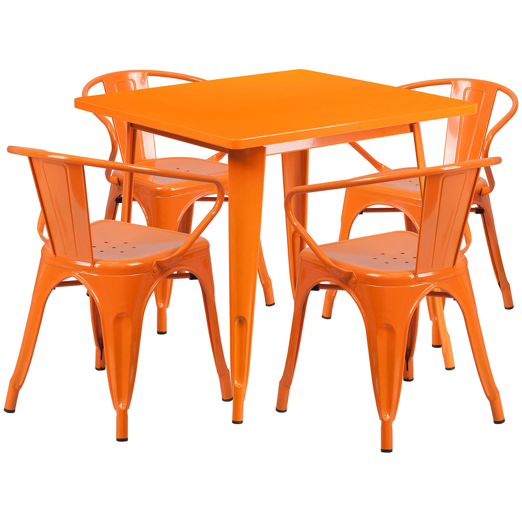 Flash Furniture Commercial Grade 31.5" Square Orange Metal Indoor-Outdoor Table Set with 4 Arm Chairs