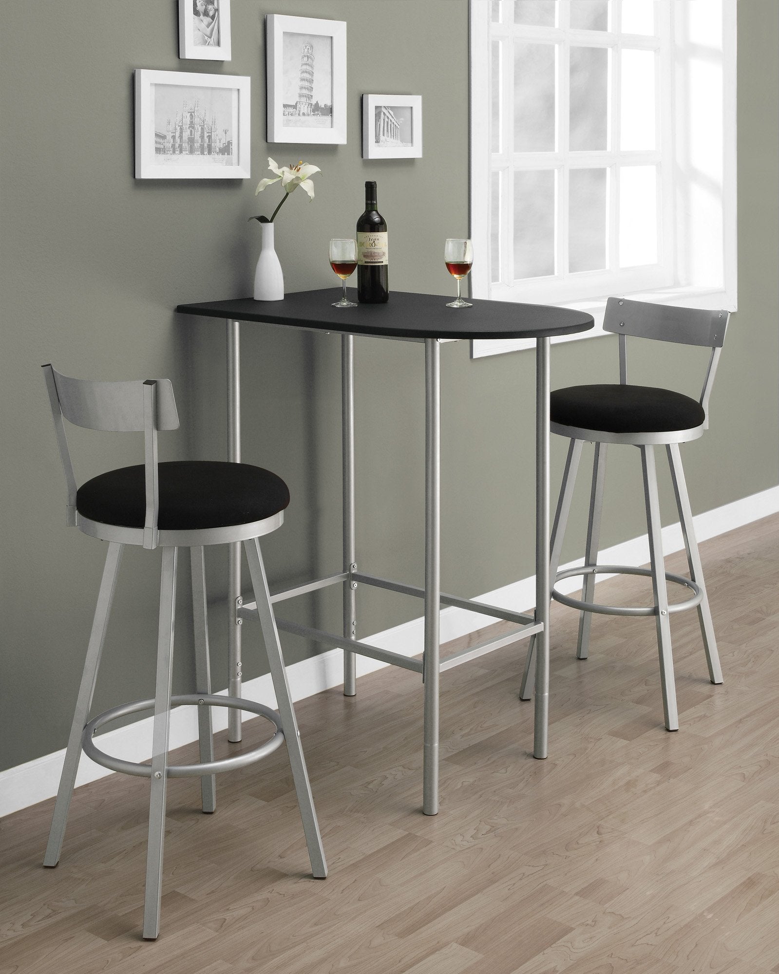 Monarch Specialties 2335 Table, Height, Pub, 36&quot; Rectangular, Small, Kitchen, Laminate, Black, Grey, Contemporary, Modern Home Bar-24&quot;X 36&quot; Silver Metal Spacesaver, 35.5&quot; L x 23.75&quot; W x 41&quot; H