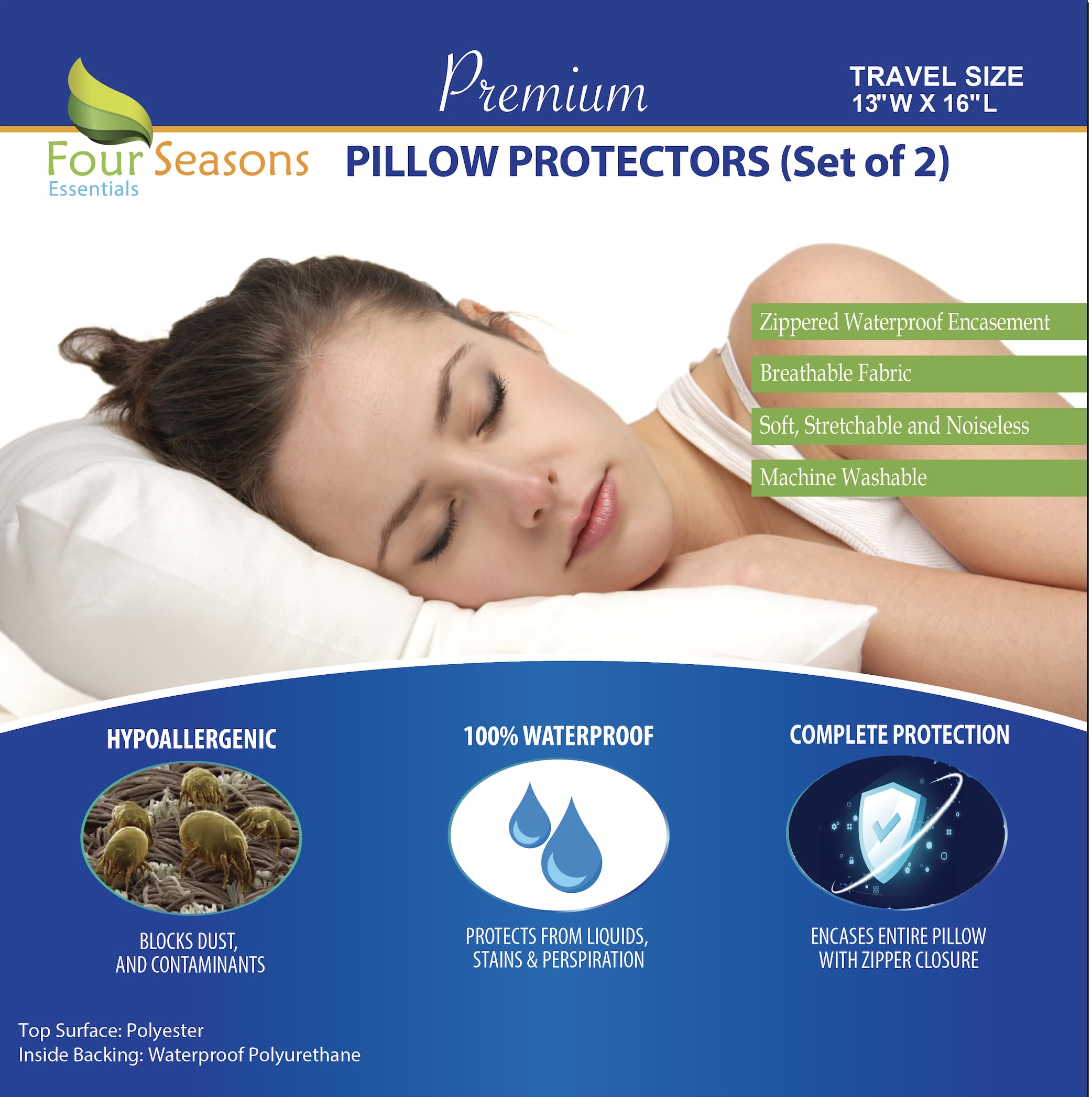Travel Size Pillow Protectors (Set Of 2) - 13X16 Pillow Covers Waterproof Hypoallergenic Dust Proof Zippered Encasement