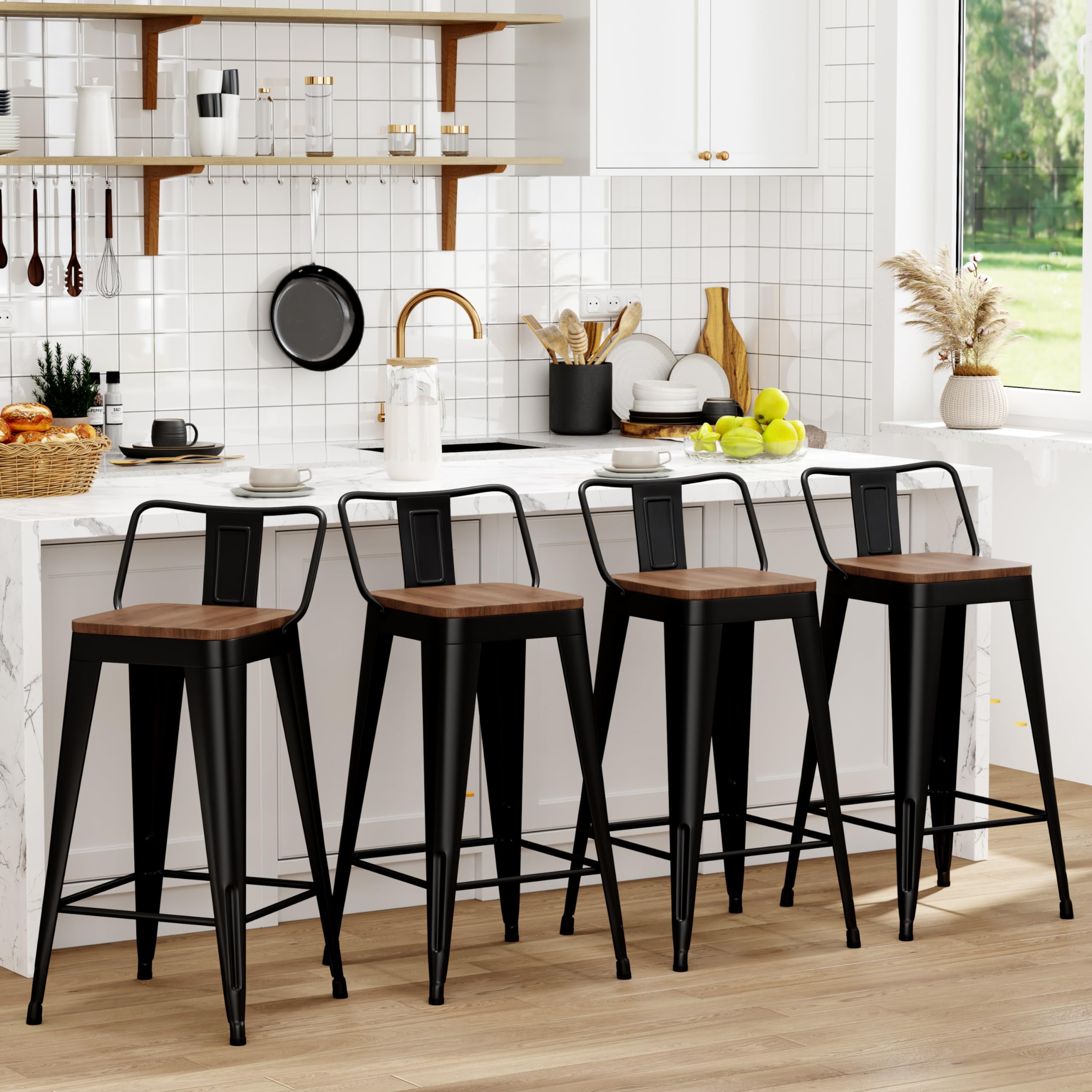 WENTMENT Bar Stools Set of 4 Counter Height Metal Barstools with Removable Back 30  Kitchen Bar Stools with Wooden Seat, Black