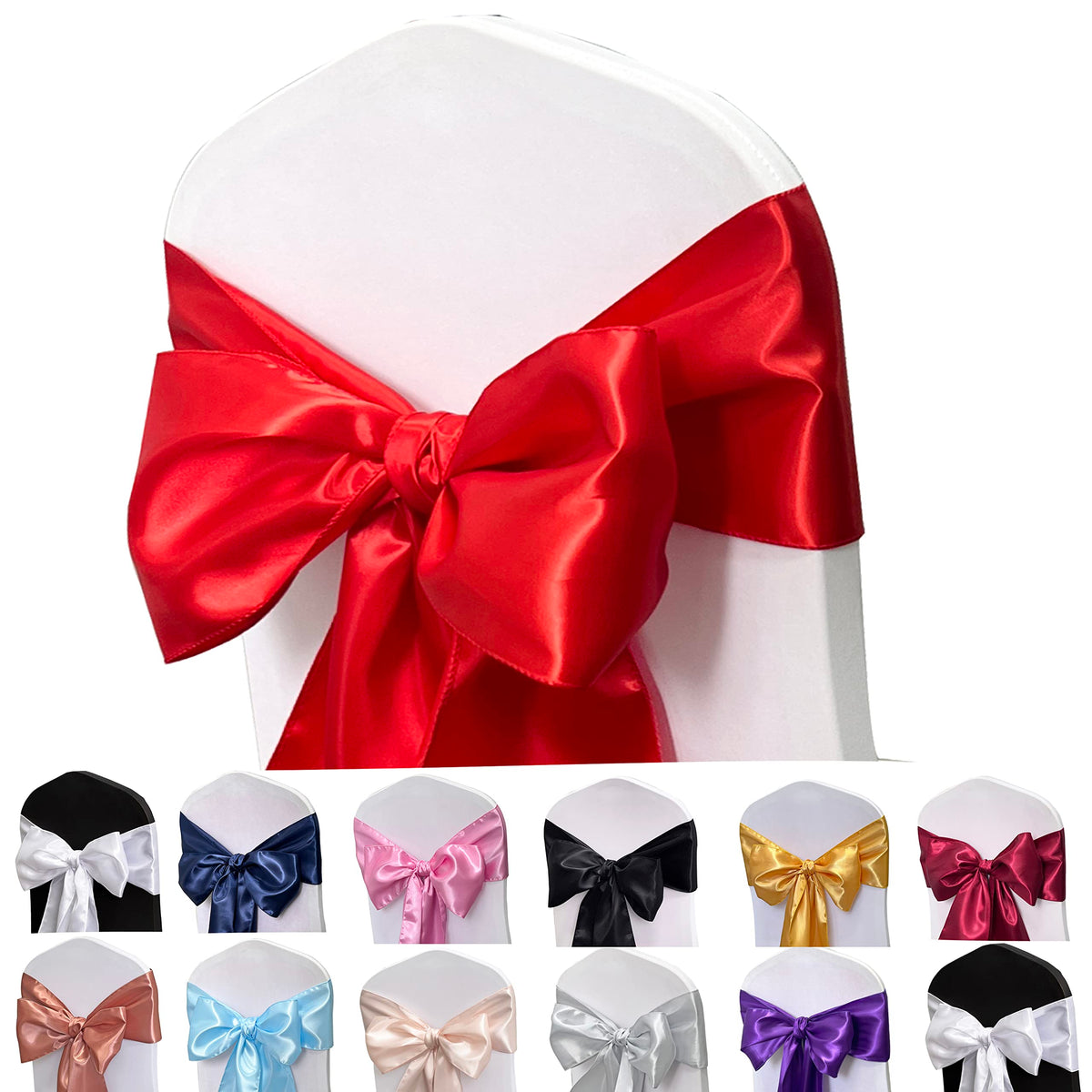 Maiangel Satin Chair Sashes Bows-12Pcs Chair Ribbon Ties Back Sash For Wedding Party Events Banquet Chair Cover Decoration (Red)
