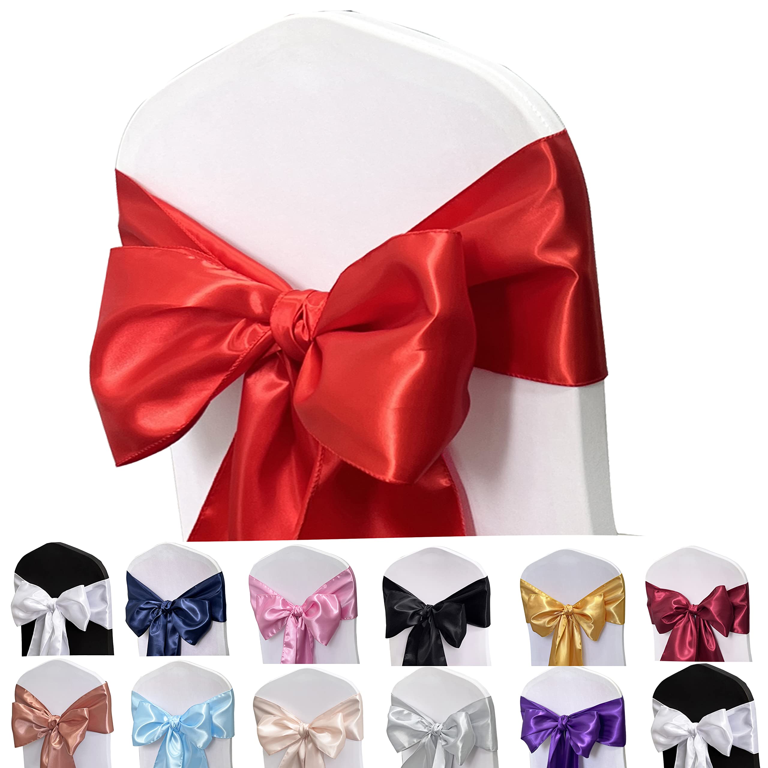 Maiangel Satin Chair Sashes Bows-12Pcs Chair Ribbon Ties Back Sash For Wedding Party Events Banquet Chair Cover Decoration (Red)