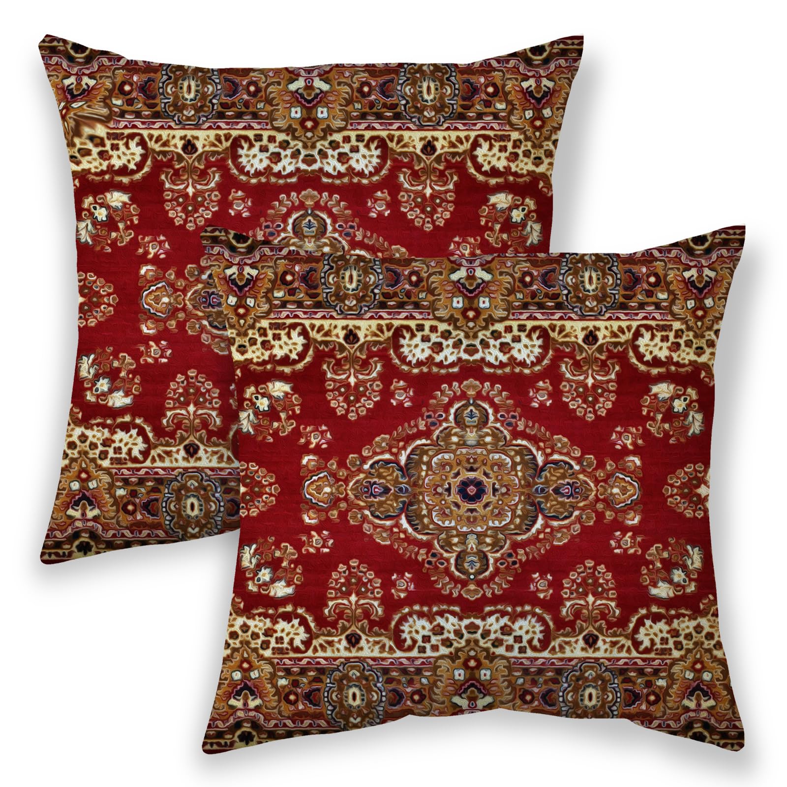 Betginy Boho Pillow Covers 16X16, Red Brown Ethnic Design Outdoor Decorative Throw Pillows For Couch, Carpet Pattern Decor Cushi