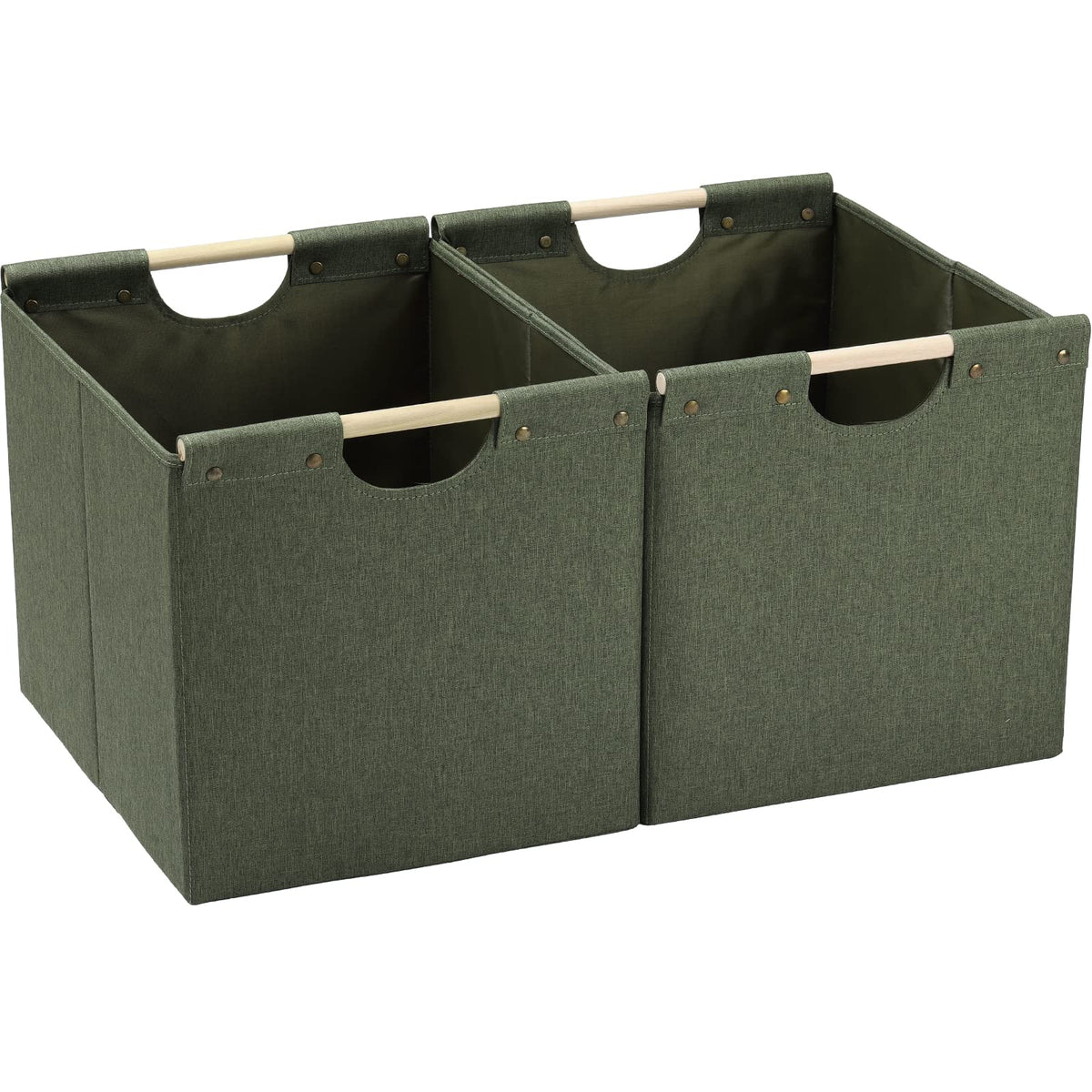 HOONEX Large Collapsible Storage Bins, Linen Fabric, Pack of 2, Storage Baskets with Wooden Carry Handles and Sturdy Heavy Cardb