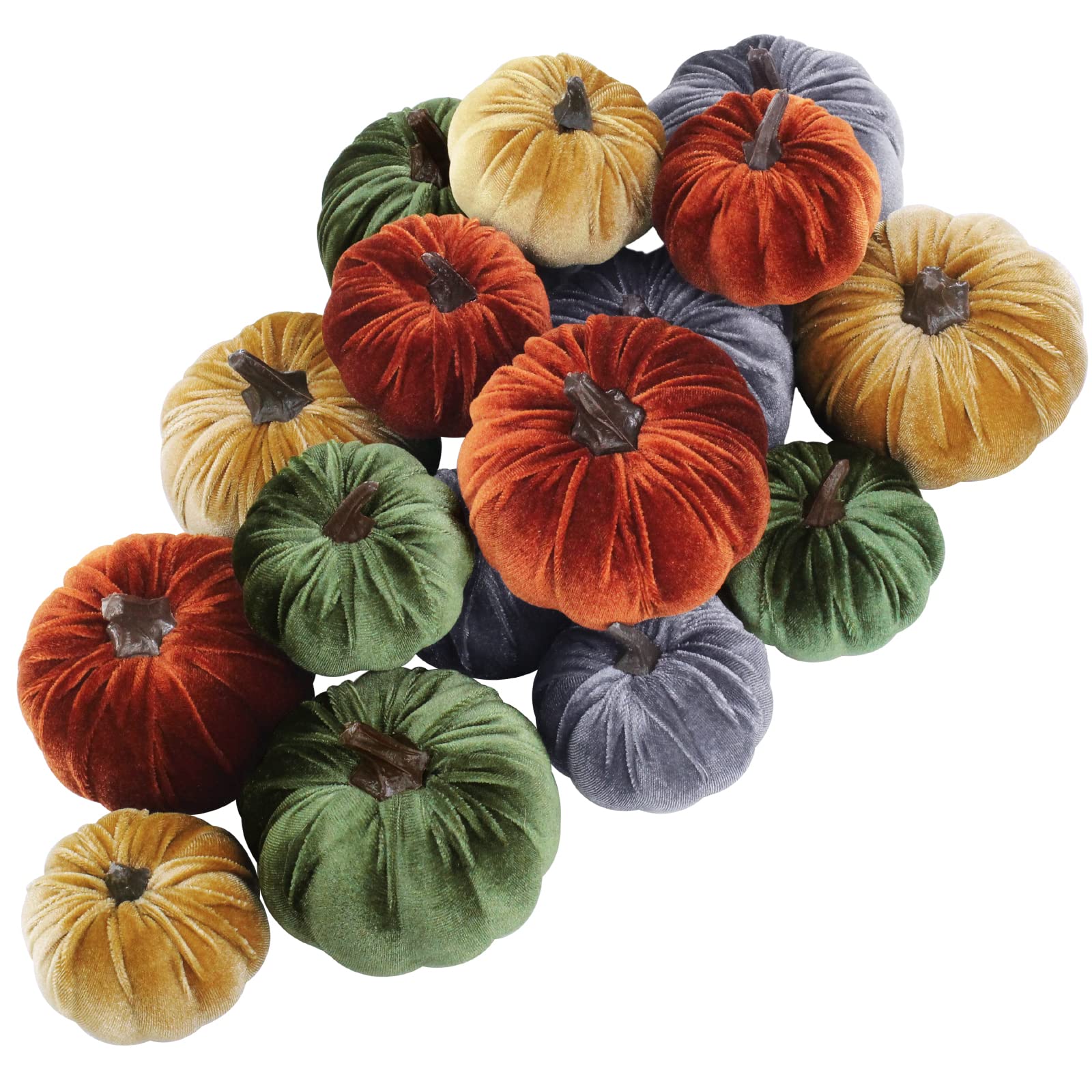 Winlyn 16 Pcs Assorted Small Faux Rustic Harvest Velvet Pumpkins Decorative Rust Orange Gold Olive Gray Fabric Pumpkins Foam Pum