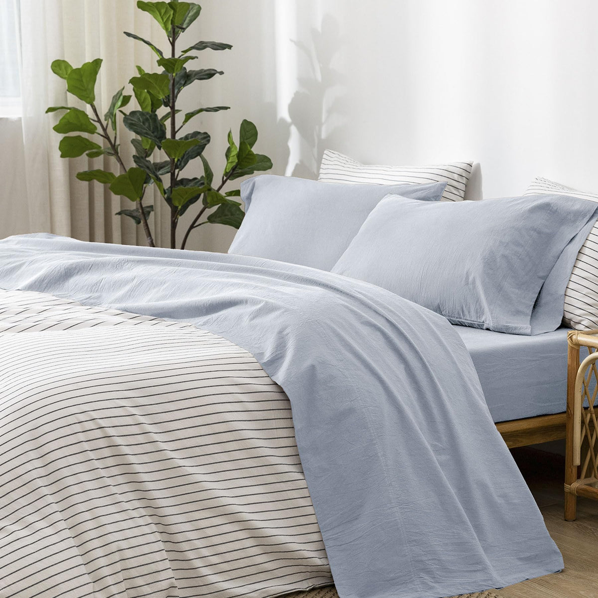 Moomee Bedding Sheet Set 100% Washed Cotton Linen Like Textured Breathable Durable Soft Comfy (Cornflower Blue, Twin)