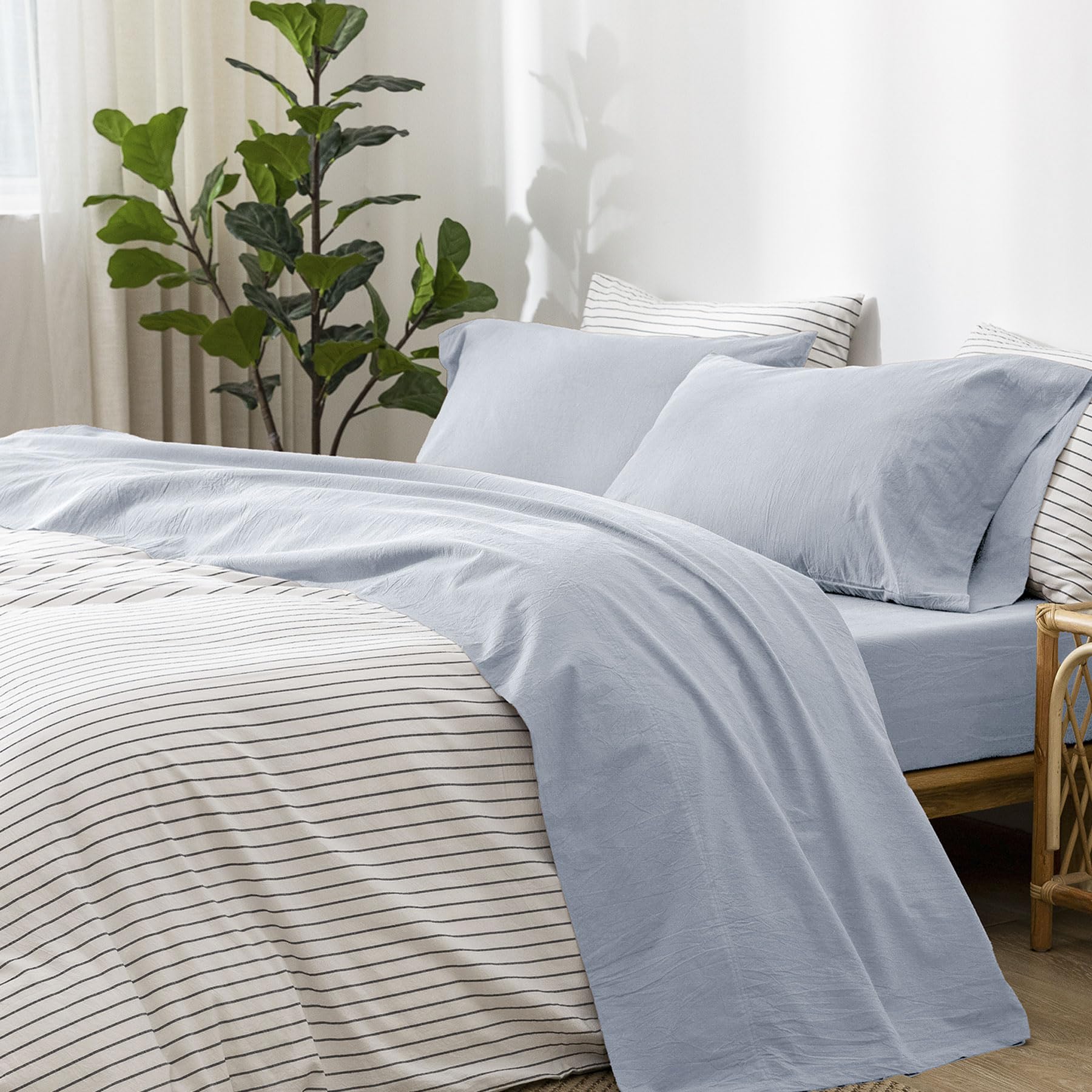 Moomee Bedding Sheet Set 100% Washed Cotton Linen Like Textured Breathable Durable Soft Comfy (Cornflower Blue, Twin)