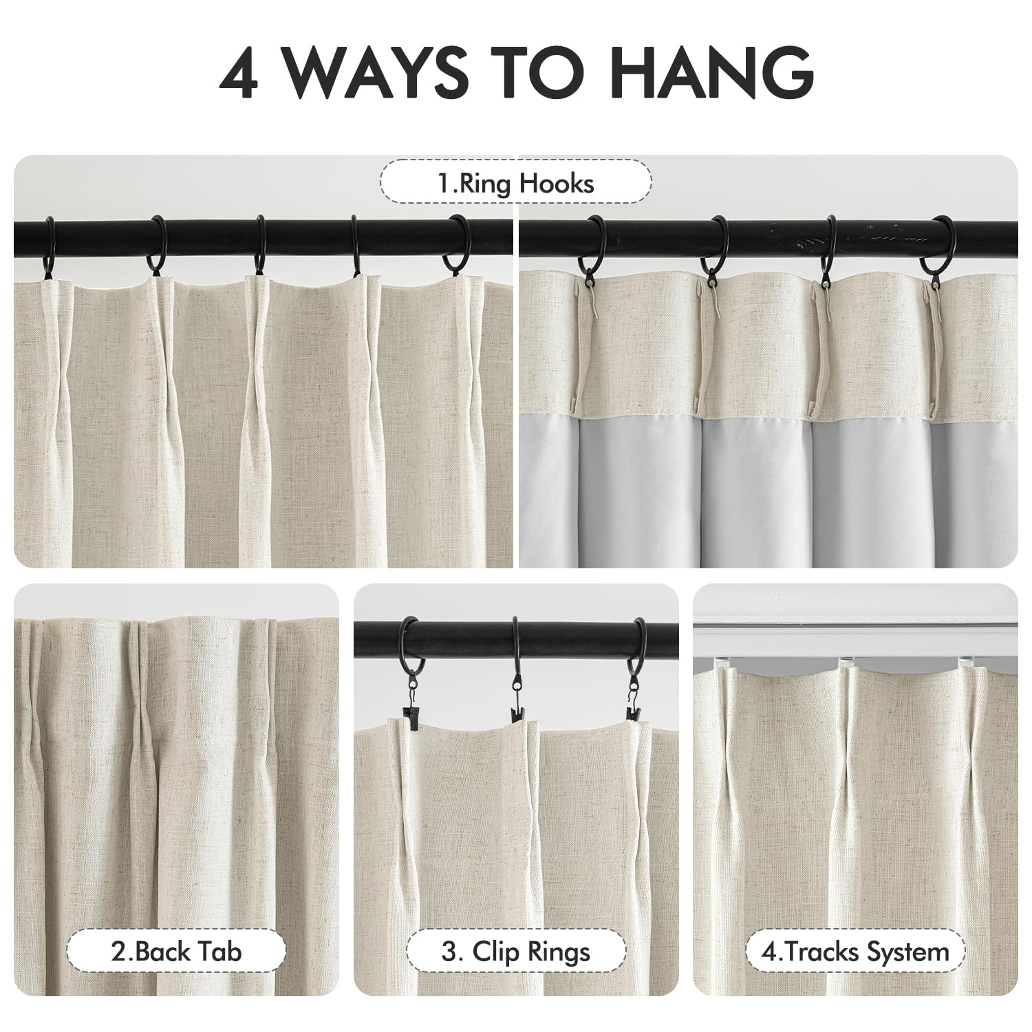 Miulee Tan Beige Pinch Pleated 100% Blackout Linen Curtains For Bedroom, Room Darkening Light Blocking Window Curtains 63 Inches