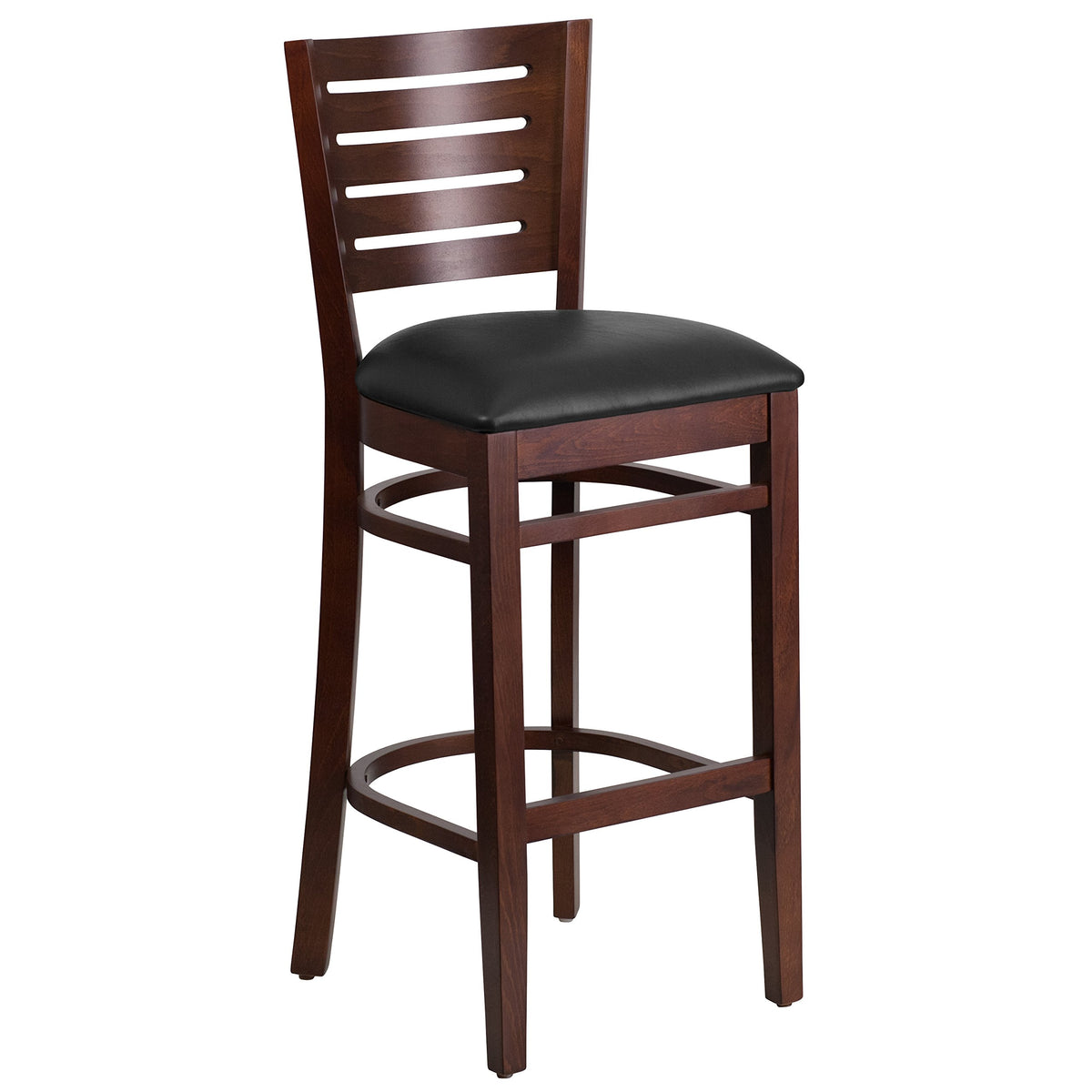 Flash Furniture Darby Series Slat Back Walnut Wood Restaurant Barstool - Black Vinyl Seat