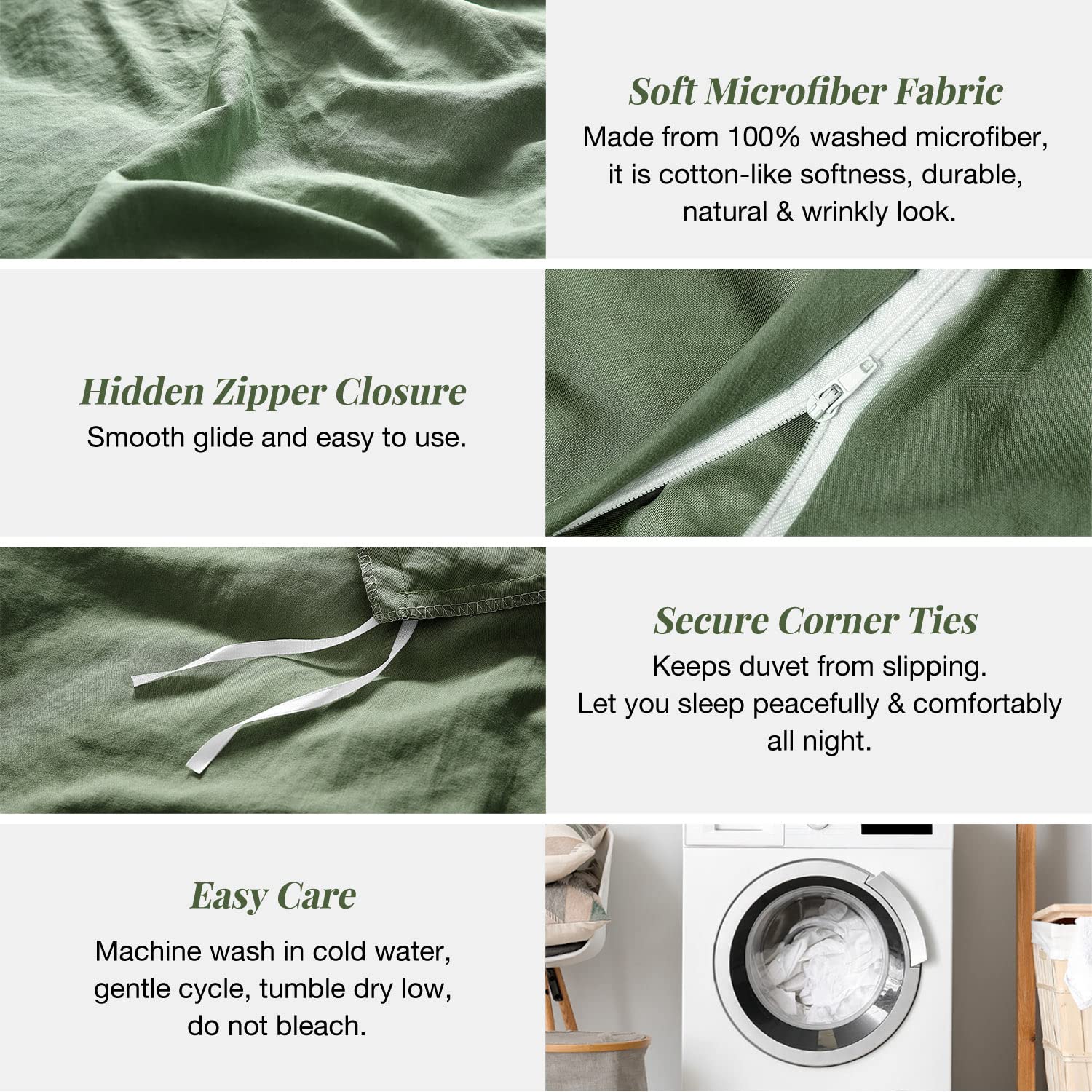 Mildly Super Soft Duvet Cover - 100% Washed Microfiber Olive Green Comforter Cover Set 3 Pieces With Zipper Closure & Corner Tie