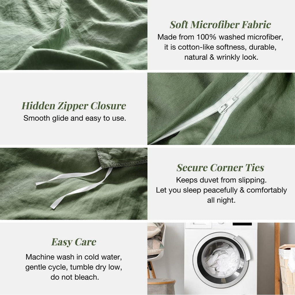 Mildly Super Soft Duvet Cover - 100% Washed Microfiber Olive Green Comforter Cover Set 3 Pieces With Zipper Closure & Corner Tie