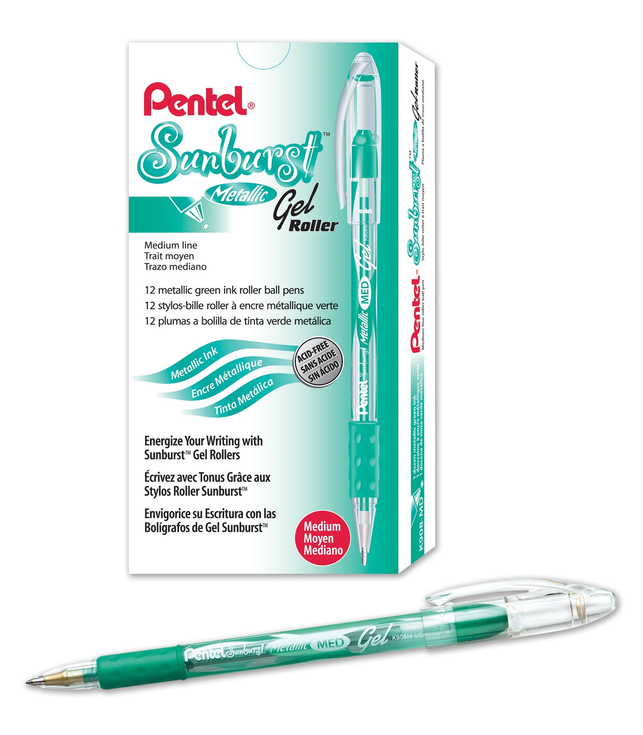 Pentel Sunburst Metallic Gel Pen, 0.8Mm Tip Writes 0.4Mm Line, Green/Transparent Barrel Green Ink, Box Of 12 (K908-Md)