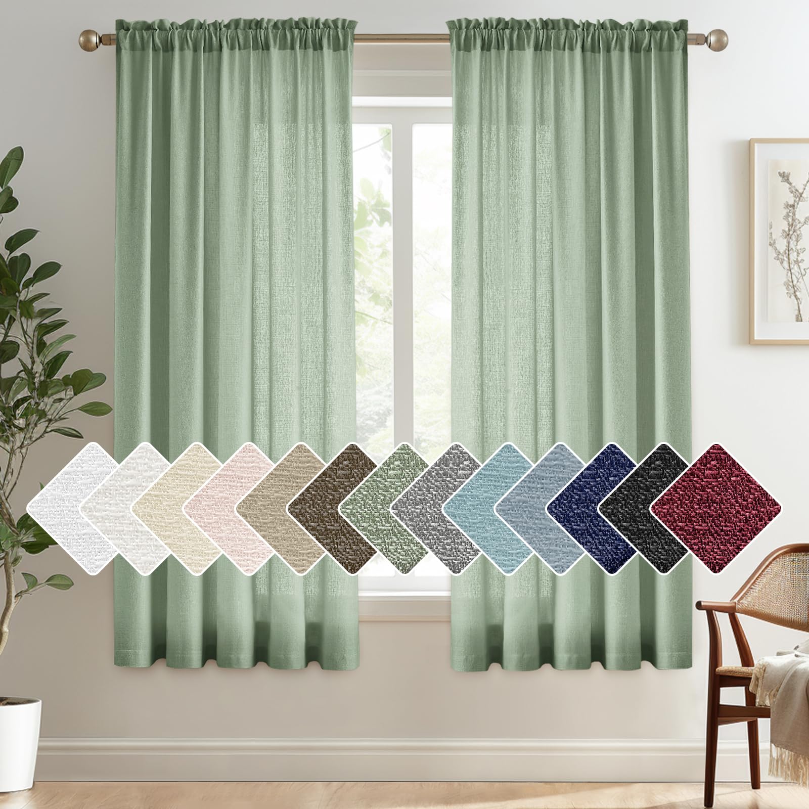Melodieux Sage Green Semi Sheer Curtains 54 Inch Length for Bedroom Living Room, Faux Linen Window Privacy Sheer Drapes Rod Pock
