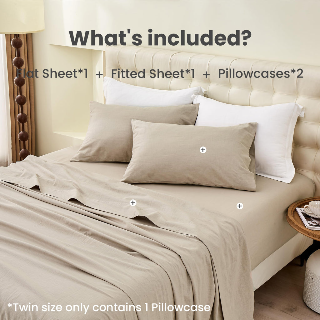 Simple&Opulence Belgian Linen Sheet Set Solid Color - Sheet Set 4Pc - Cal King Natural Flax Cotton Blend Soft Bedding Breathable Farmhouse - Khaki, California King