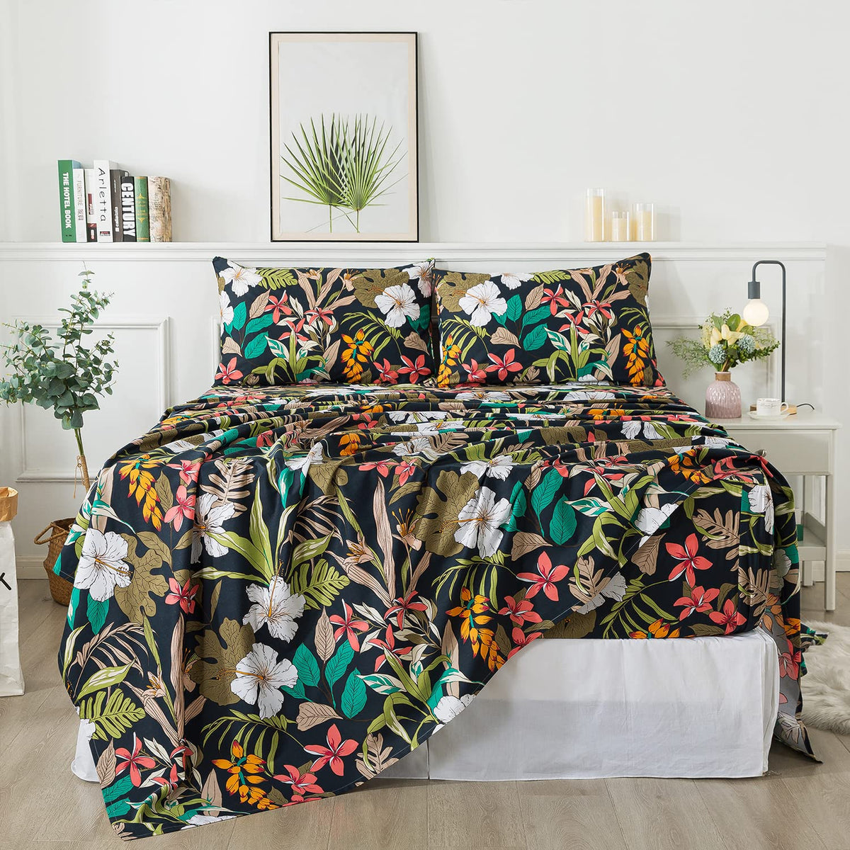 Fadfay Cal King Size Floral Bed Sheets Black And Red Bedding Set - Soft 600 Tc Cotton Flower Printed Leaves Pattern Sheets - Bre