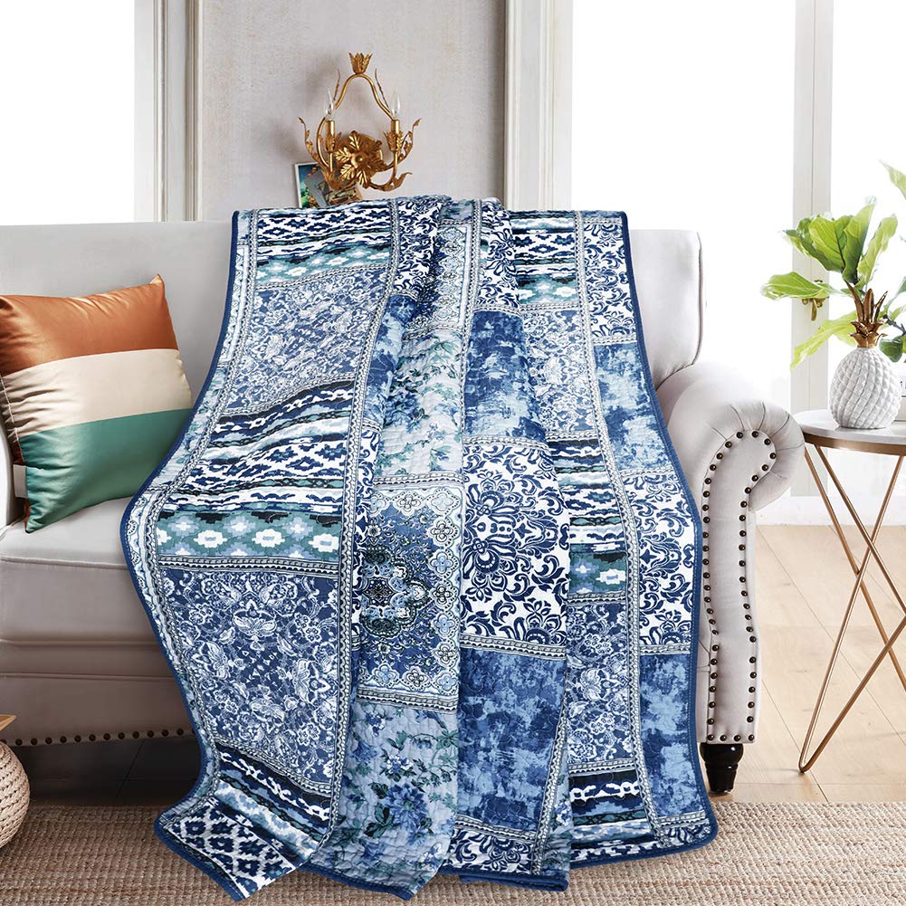 Newlake Quilted Throw Blanket For Bed Couch Sofa, Blue Classic Bohemian, 60X78 Inch