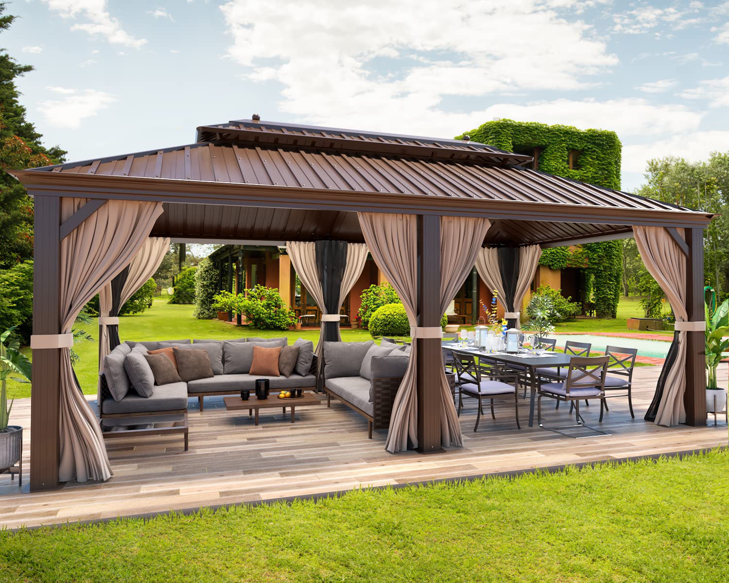 Mellcom 12' X 20' Hardtop Gazebo,Galvanized Steel Metal Double Roof Gazebo With Curtain And Netting,Brown Permanent Pavilion Gaz