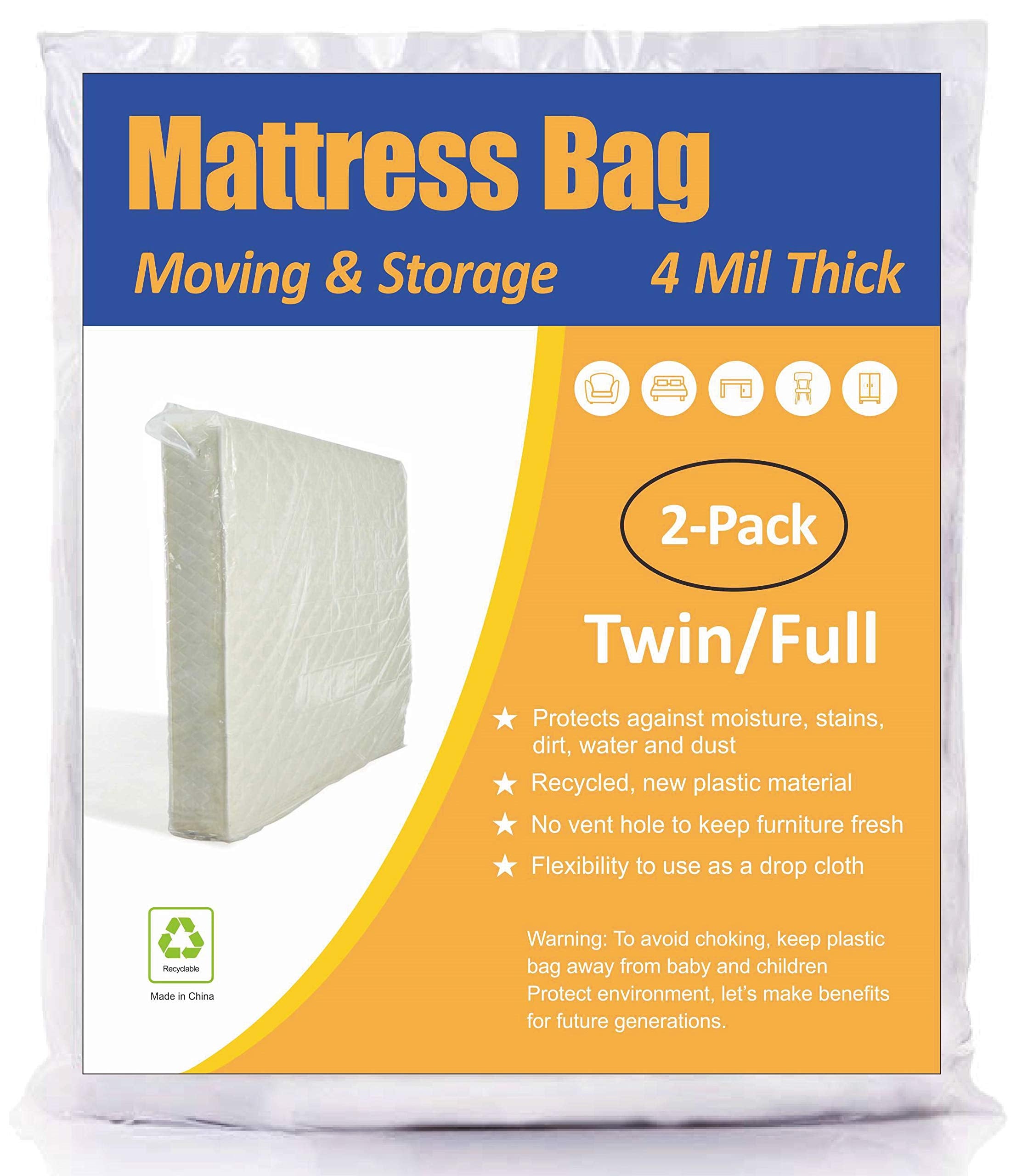 Comforthome Mattress Bag For Moving And Storage, 4 Mil Extra Thick, Twin And Full Size, 2 Pack