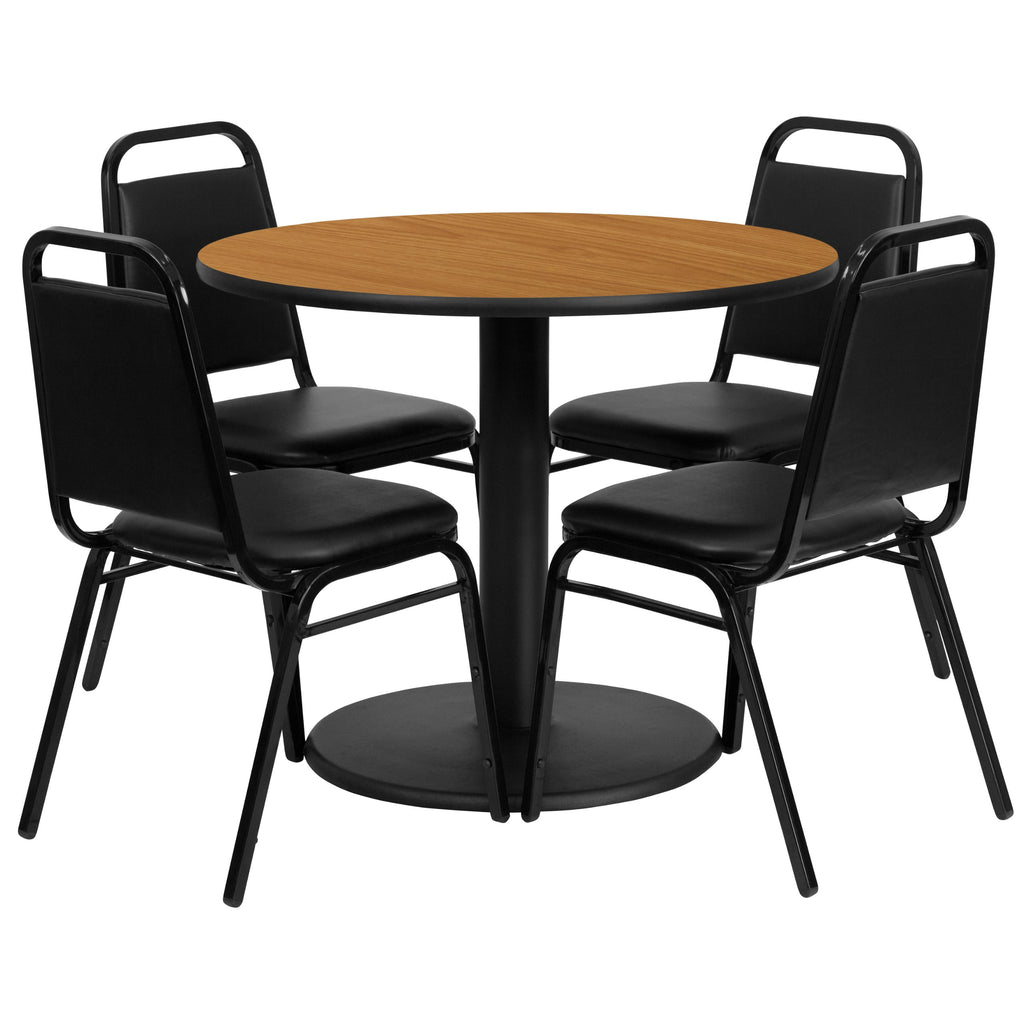 Flash Furniture 36'' Round Natural Laminate Table Set with Round Base and 4 Black Trapezoidal Back Banquet Chairs