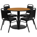 Flash Furniture 36'' Round Natural Laminate Table Set with Round Base and 4 Black Trapezoidal Back Banquet Chairs