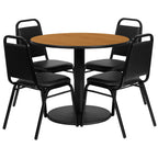 Flash Furniture 36'' Round Natural Laminate Table Set with Round Base and 4 Black Trapezoidal Back Banquet Chairs