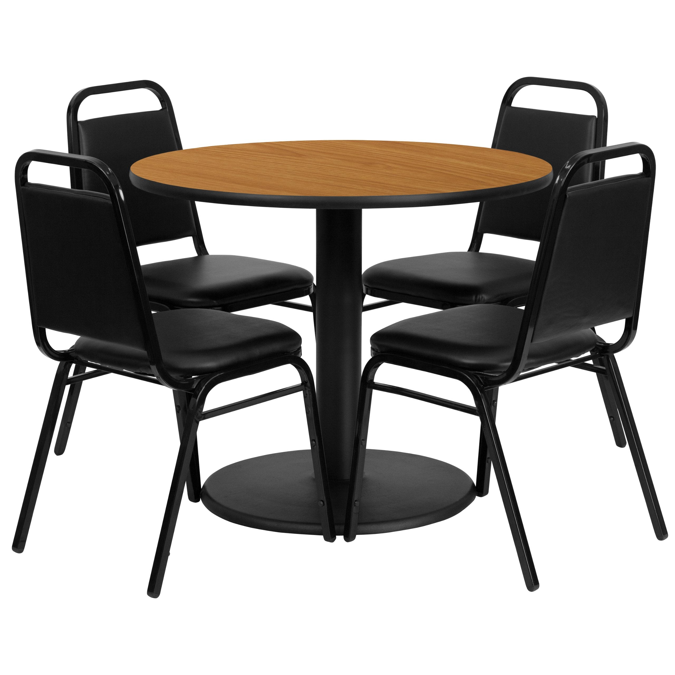 Flash Furniture 36'' Round Natural Laminate Table Set with Round Base and 4 Black Trapezoidal Back Banquet Chairs