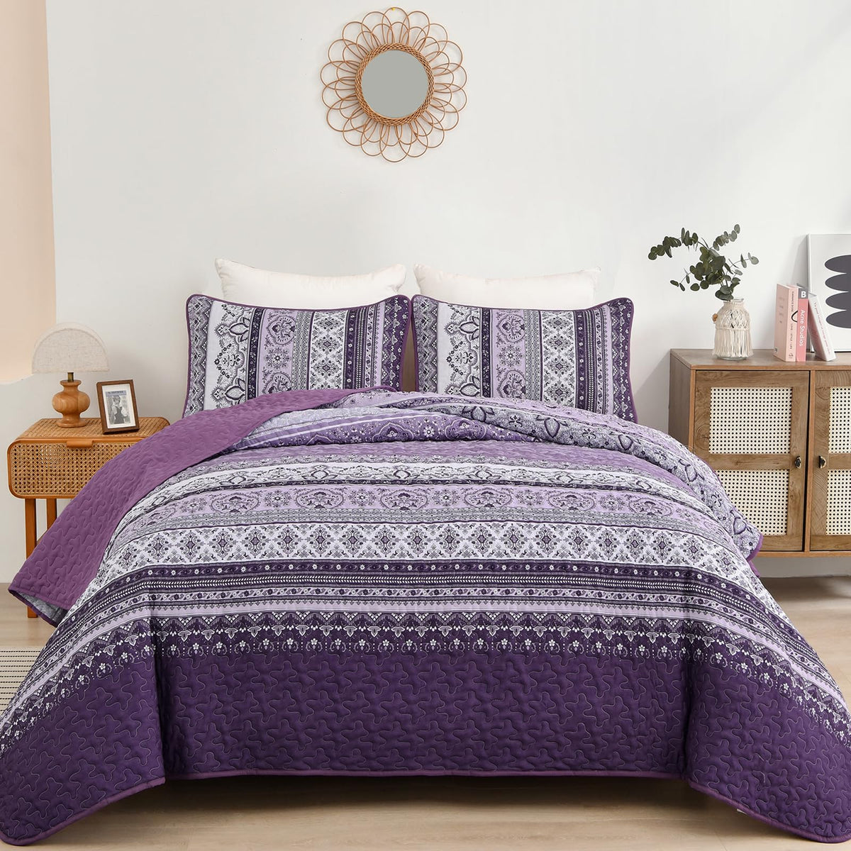Wongs Bedding Boho Quilt Set King Size, Purple Bohemian 3 Pieces Quilts Bedspread Set Stripe Lightweight Microfiber All Season B