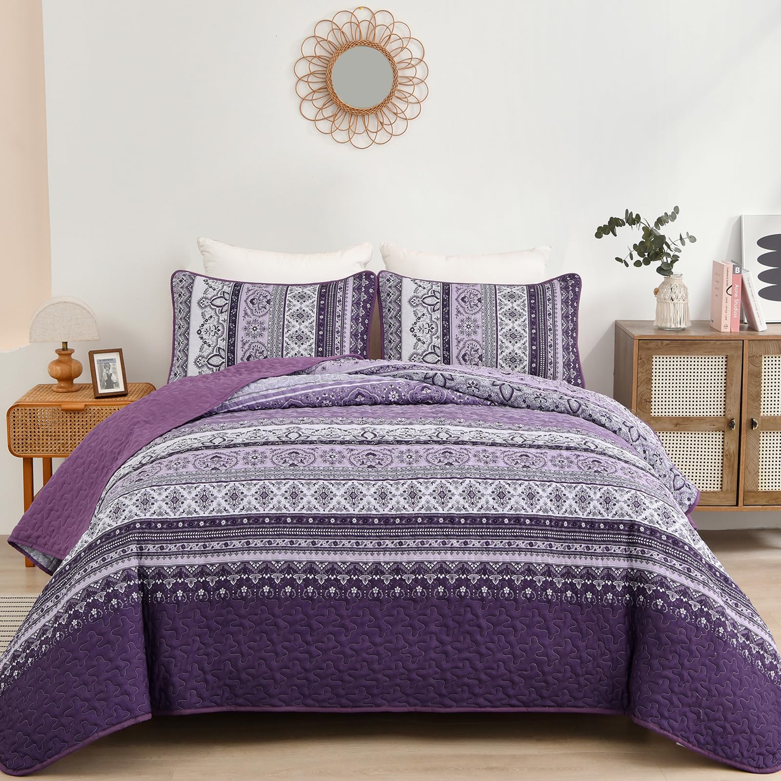 Wongs Bedding Boho Quilt Set King Size, Purple Bohemian 3 Pieces Quilts Bedspread Set Stripe Lightweight Microfiber All Season B