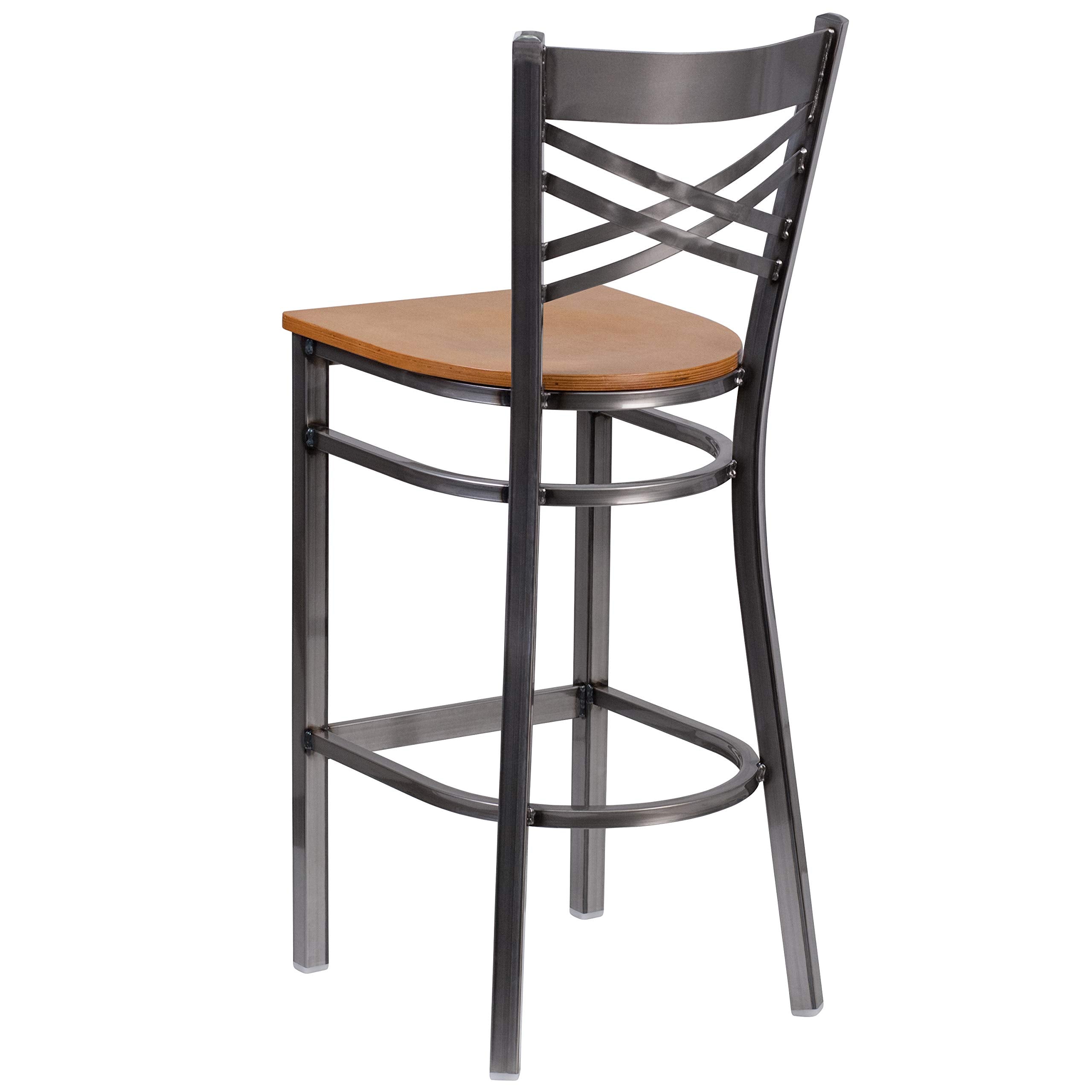 Flash Furniture Hercules Series Clear Coated ''X'' Back Metal Restaurant Barstool - Natural Wood Seat