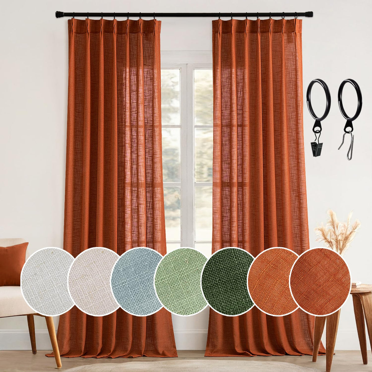 Miulee Pinch Pleated Terracotta Linen Curtains 96 Inches Long 2 Panels For Bedroom Living Room, Burnt Orange Linen Textured Wind