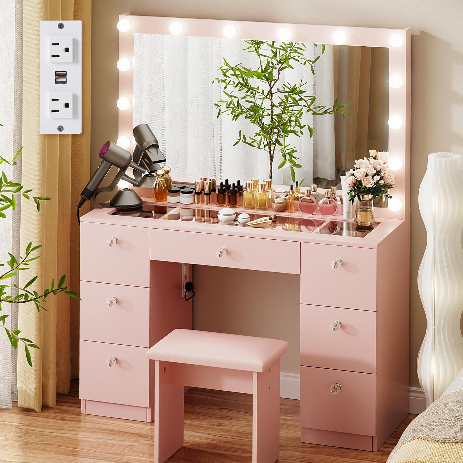 VOWNER Vanity with Lighted Mirror - Glass Top Makeup Vanity Desk with 7 Drawers and Power Outlet, 3 Color Lighting Modes Adjusta