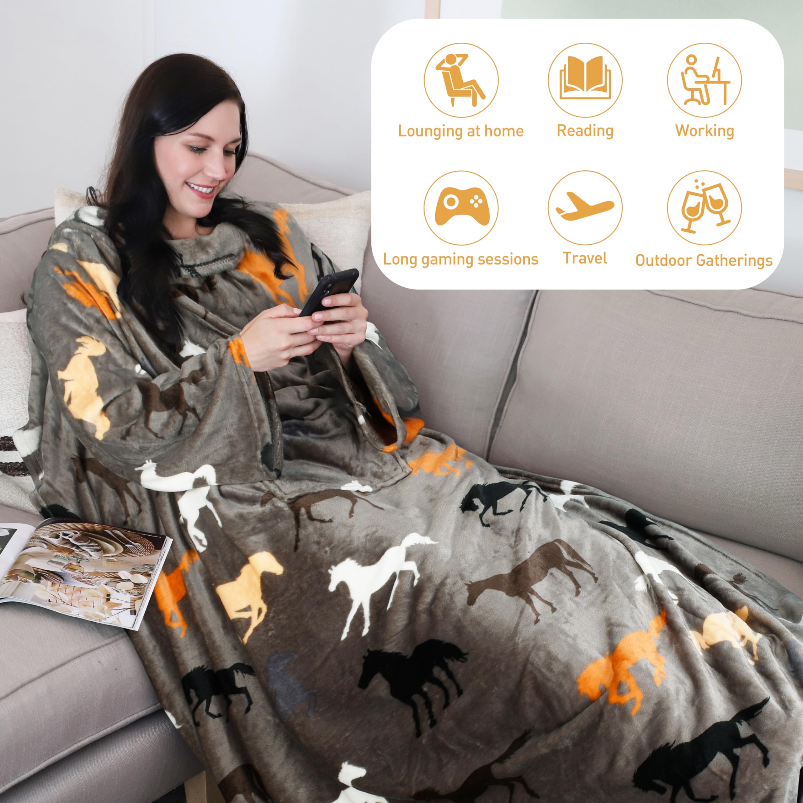 Catalonia Wearable Blanket with Sleeves and Pocket, Fleece, Taupe Horse, One Size