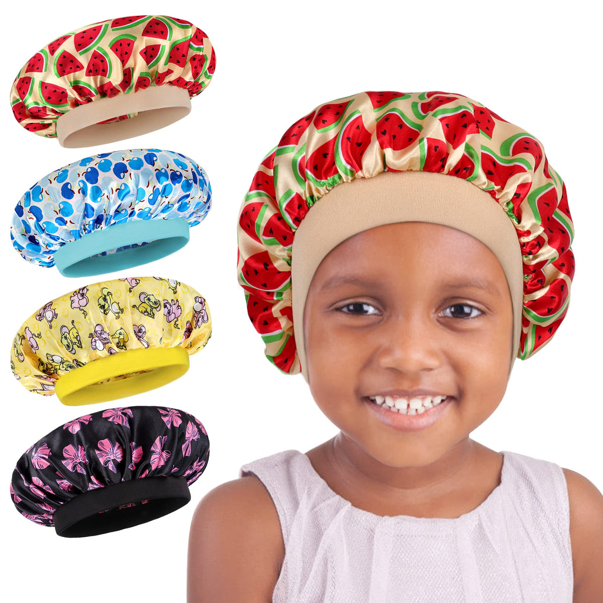 LADES Kids Satin Sleeping Cap - Childs Sleep Bonnet for Curly Hair Wrap with Adjustable Soft for Children Girls 3 Packs Blue