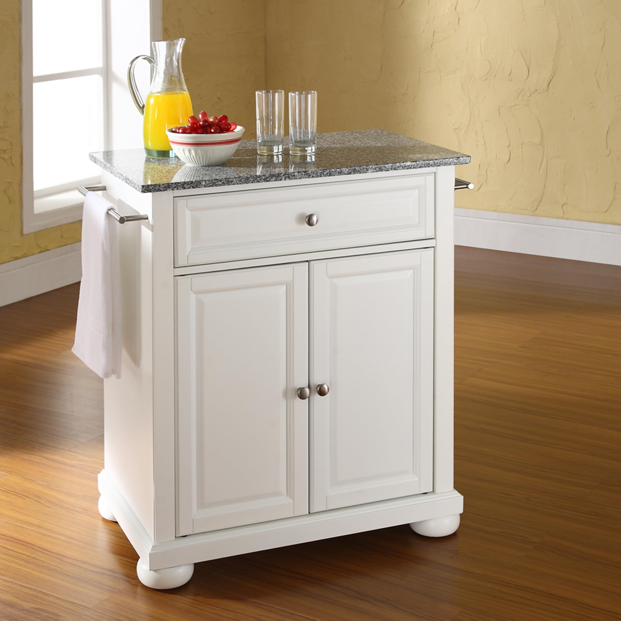 Crosley Furniture Alexandria Granite Top Small Portable Rolling Kitchen Island Storage Cart, Microwave Stand, White