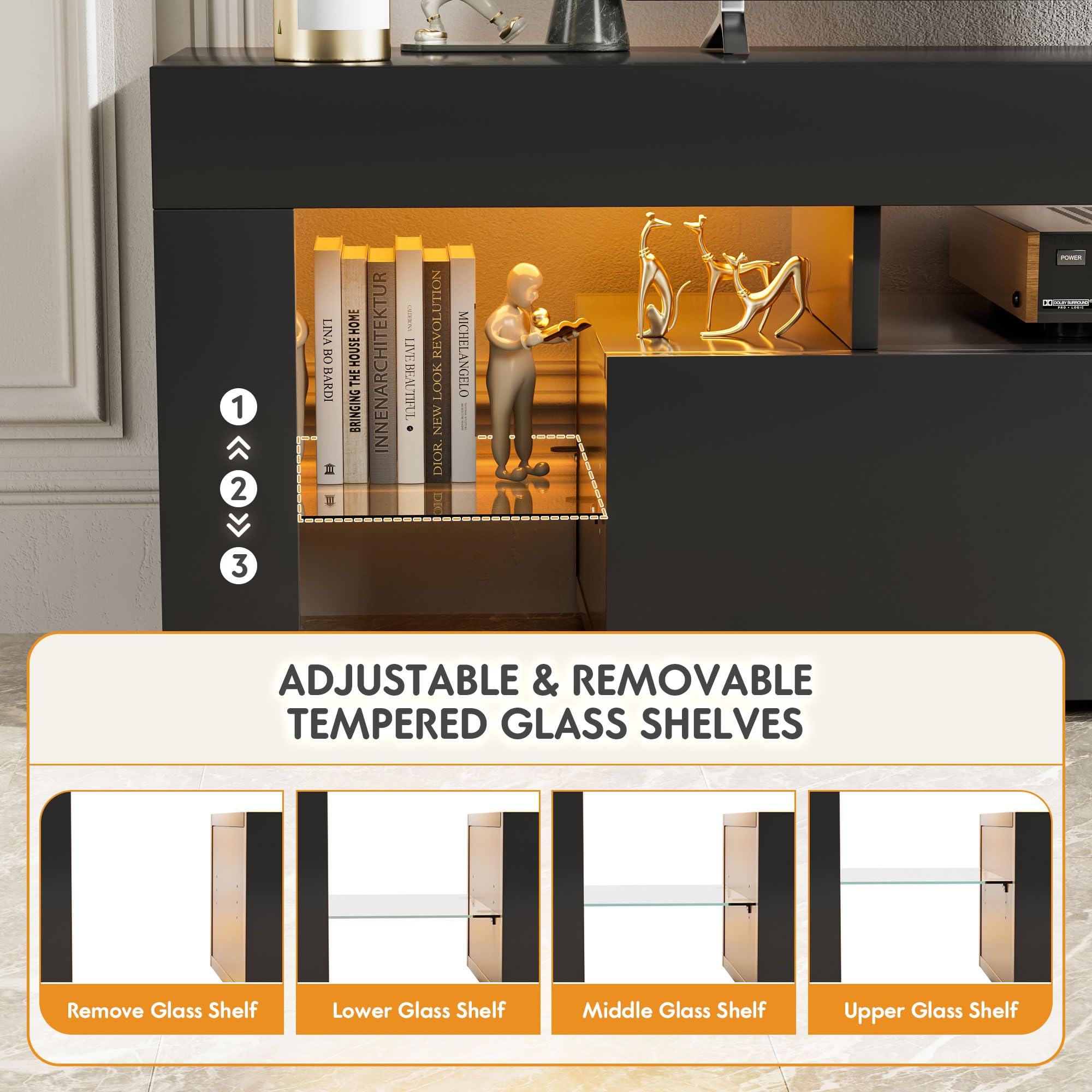 Yeshomy Modern Led Tv Stand For Televisions Up To 70 Inch With Glass Shelves And Drawer, Gaming Entertainment Center With Multiple Dynamic Rgb Modes, For Livingroom, Bedroom, 60 Inch, Black