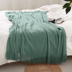 Homiest Decorative Knitted Throw Blanket With Fringe, Lightweight Blanket Acrylic Knit Blanket, Soft & Cozy Tassel Blanket For Couch Sofa Bed (Sage Green, 50 X 60 Inch)