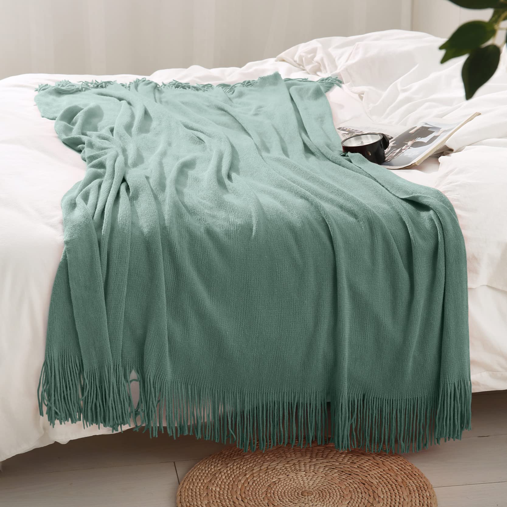 Homiest Decorative Knitted Throw Blanket With Fringe, Lightweight Blanket Acrylic Knit Blanket, Soft & Cozy Tassel Blanket For Couch Sofa Bed (Sage Green, 50 X 60 Inch)