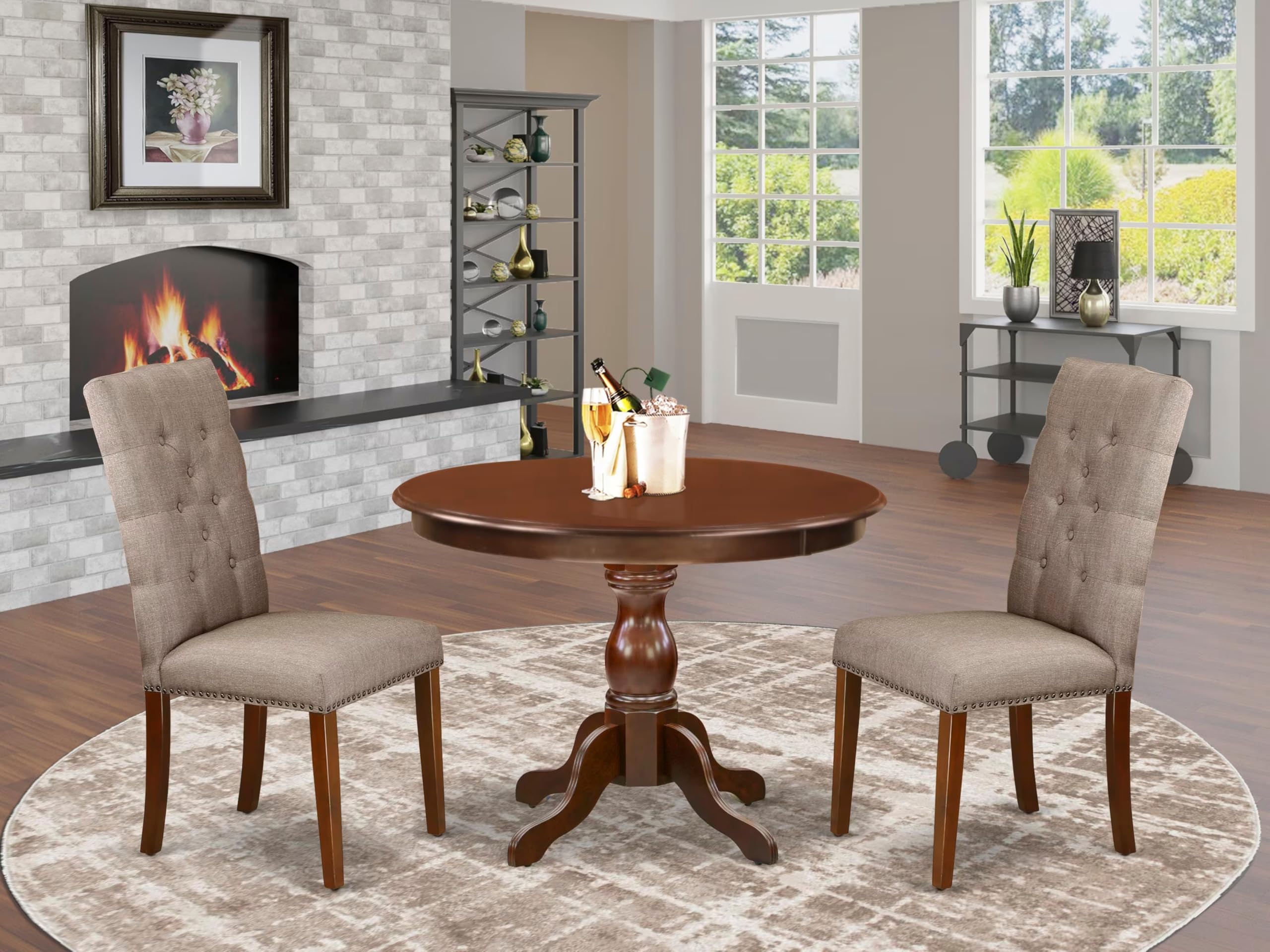 East West Furniture HBEL3-MAH-16 3 Piece Dining Room Furniture Set Contains a Round Dining Table with Pedestal and 2 Dark Khaki Linen Fabric Upholstered Chairs, 42x42 Inch, Mahogany