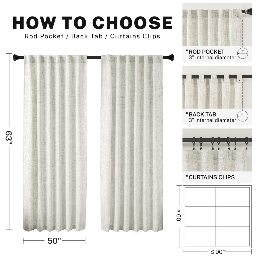 Natural Living Room Linen Textured Curtains 63 Inch Length 2 Panels Cream Farmhouse Boho Back Tab Light Filtering Semi Transpare