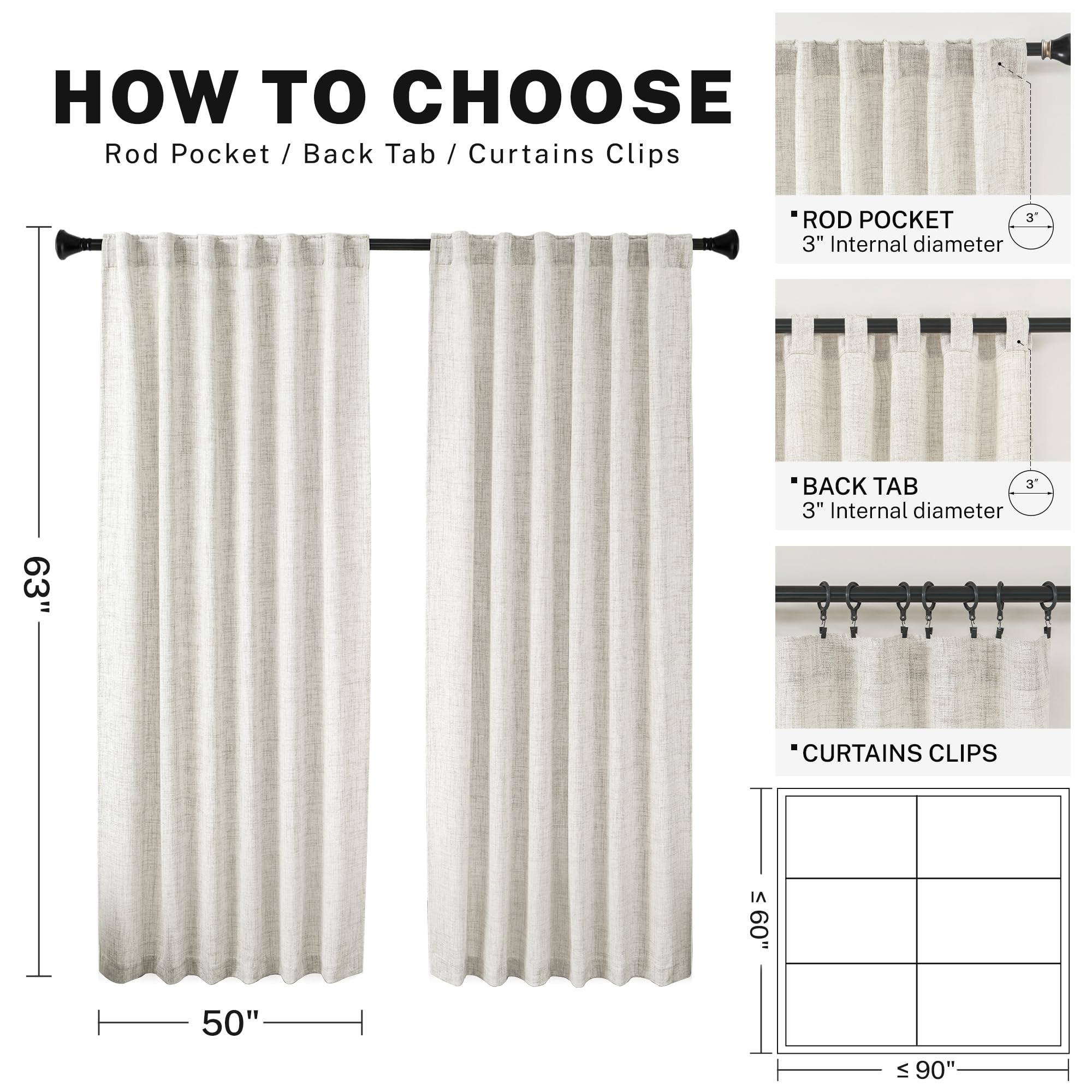 Natural Living Room Linen Textured Curtains 63 Inch Length 2 Panels Cream Farmhouse Boho Back Tab Light Filtering Semi Transpare