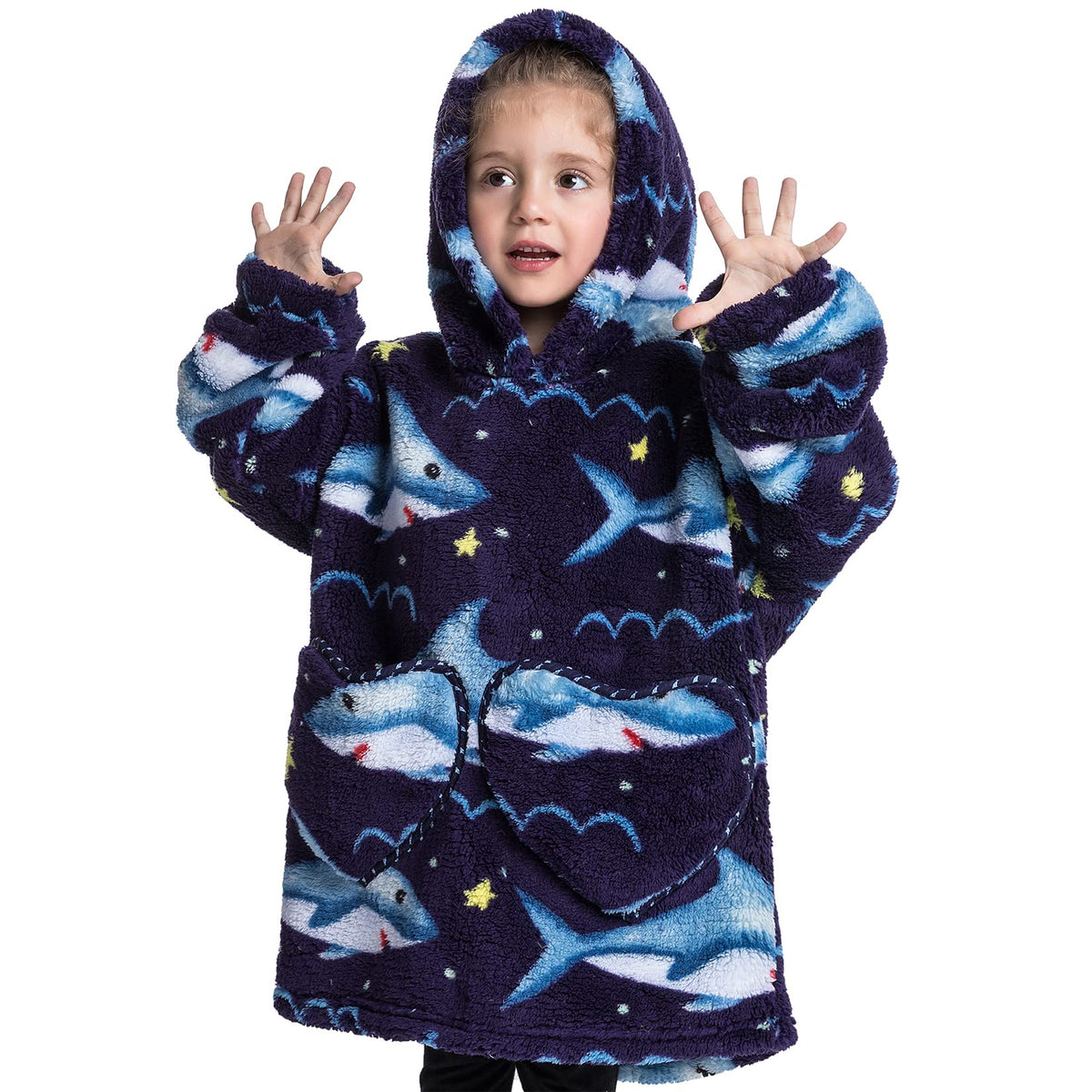 Wearable Blanket Hoodie For Kids Toddler Oversized Sweatshirt Cute Fleece Sherpa Blanket Girls Boys Shark 2-5 Year