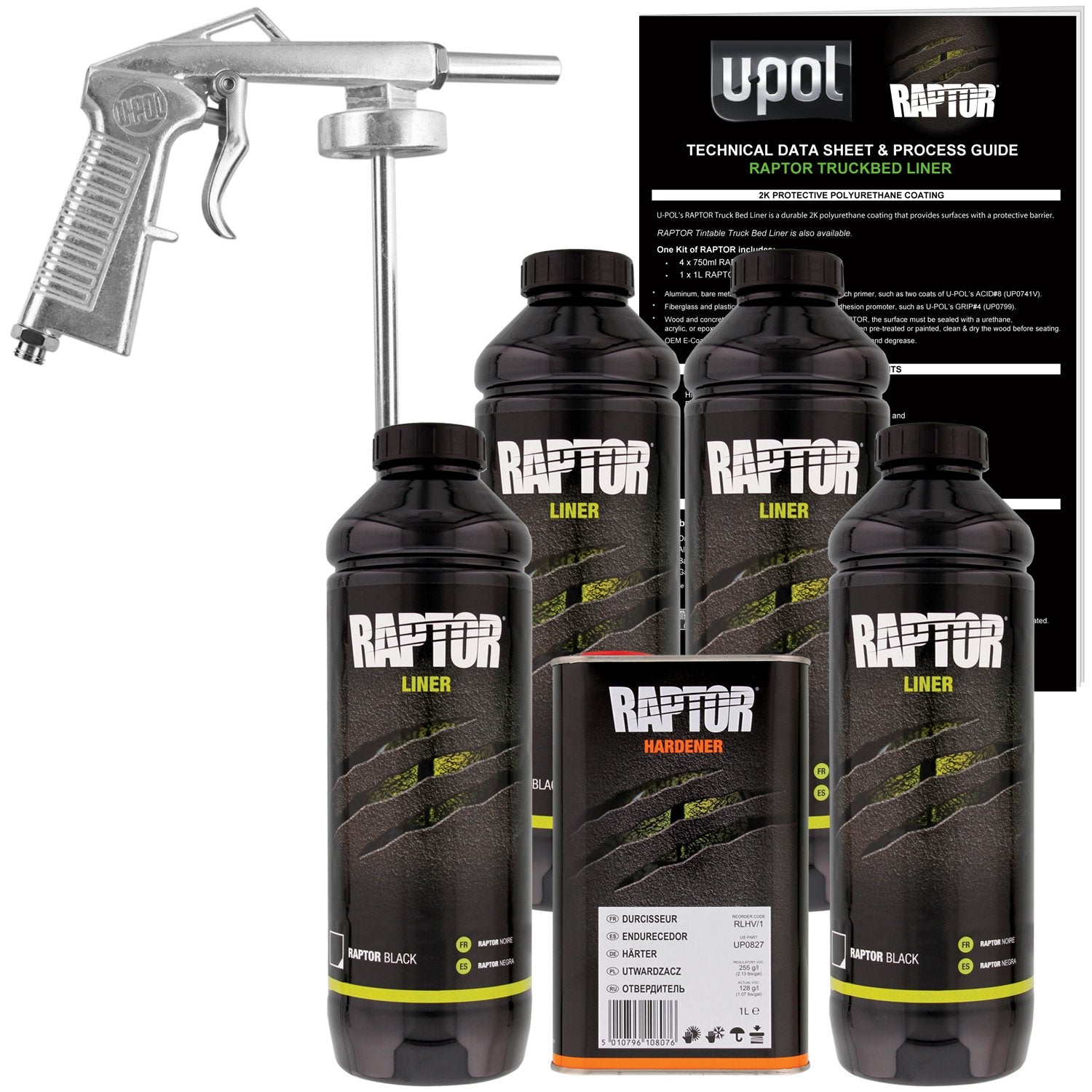 U-Pol Raptor Black Urethane Spray-On Truck Bed Liner Kit W/Free Spray Gun, 4 Quarts