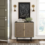 Nathan James Kova Rattan Wood Accent Sideboard Storage Cabinet Tv Stand With Matte Metal Frame, Adjustable Shelves And Cane Doors, For Hallway, Entryway Or Living Room, Black Oak/Cane, Set Of 2